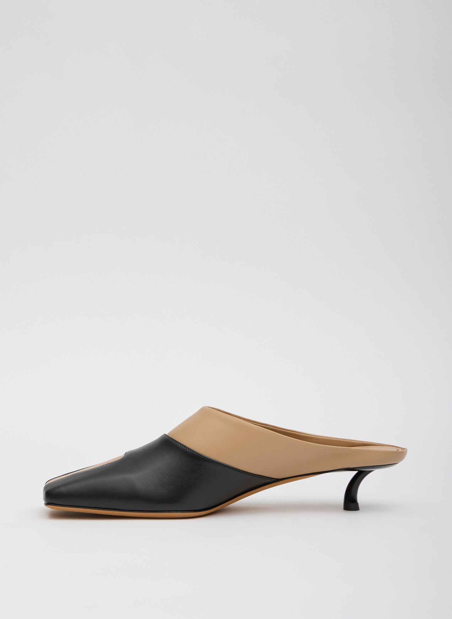 Two Tone Beige and Black Leather Gwinnett Heeled Mules - side view