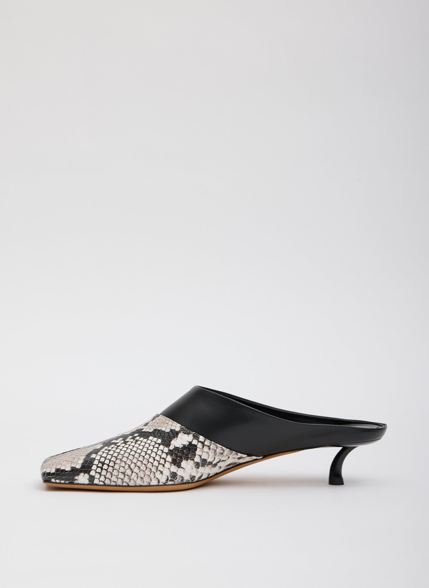 Two Tone Black and Snake Embossed Leather Gwinnett Heeled Mule - side view