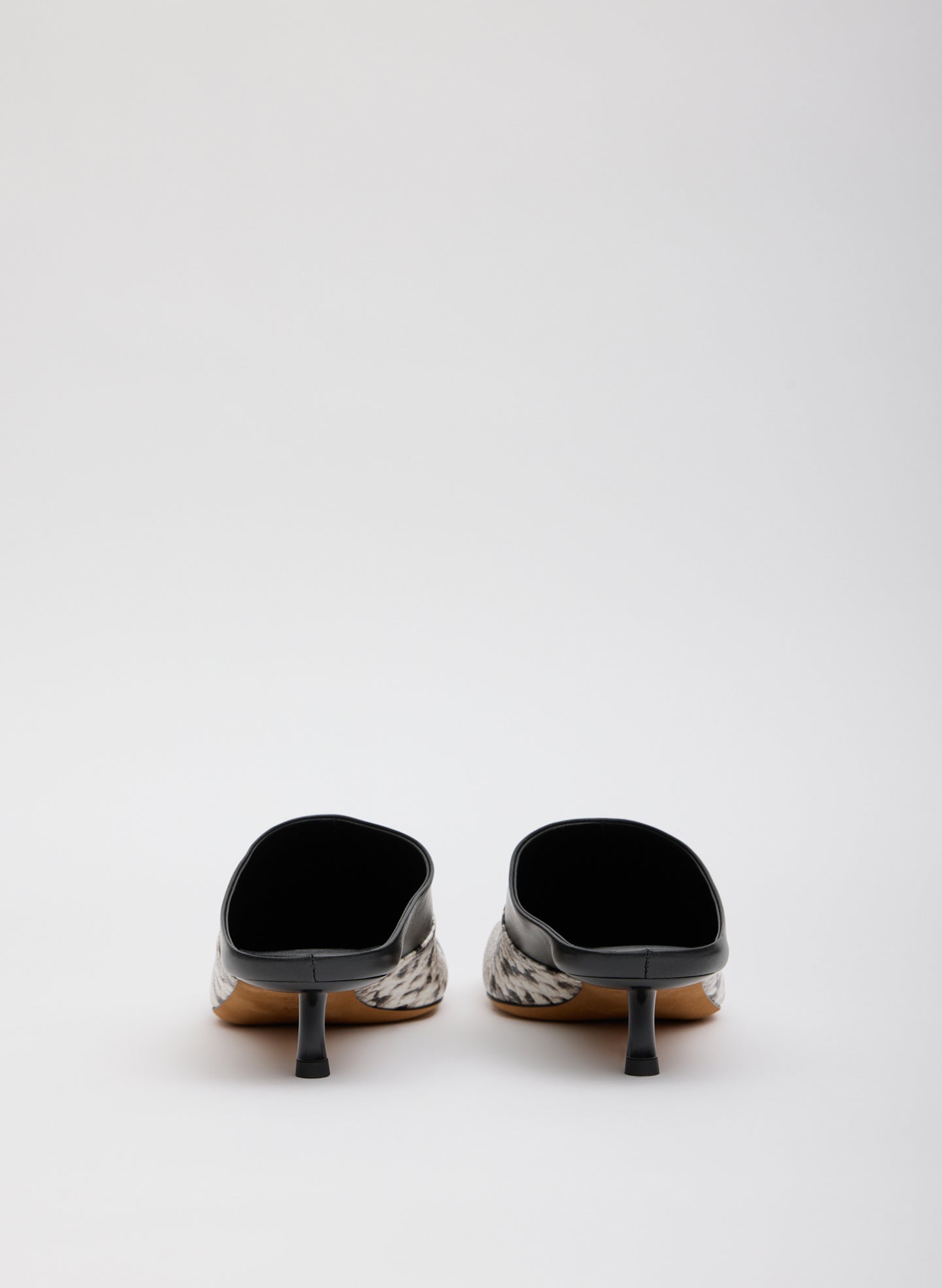 Two Tone Black and Snake Embossed Leather Gwinnett Heeled Mule - back view