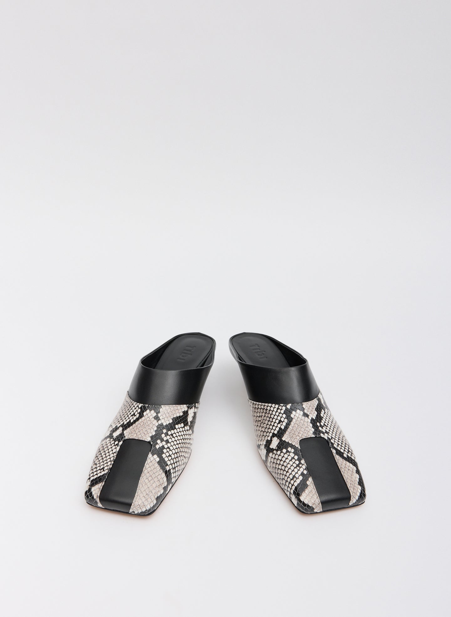 Two Tone Black and Snake Embossed Leather Gwinnett Heeled Mule - front view