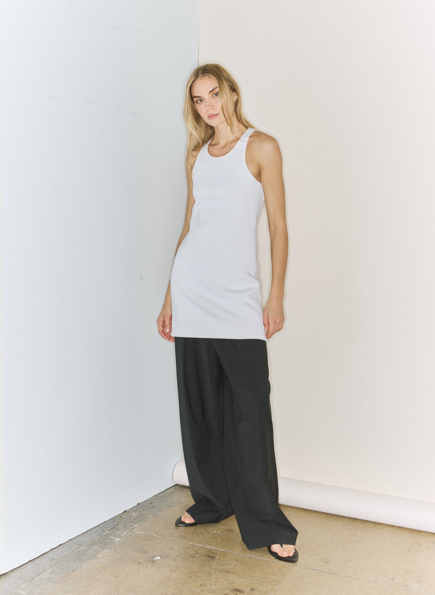 Ivory Bonded Viscose Sculpted Sleeveless Tunic - editorial image on model