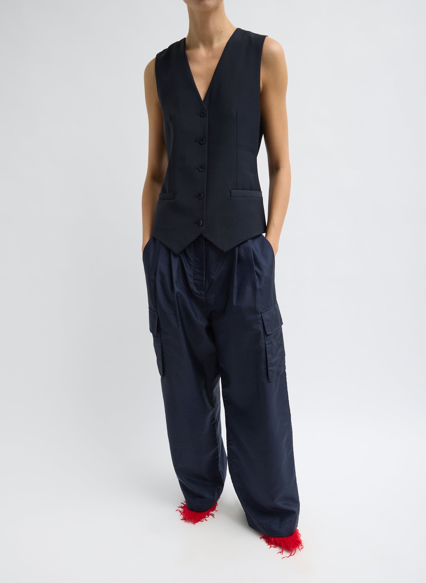 Navy Crispy Nylon Stella Pleated Cargo Pant - full look, front view on model