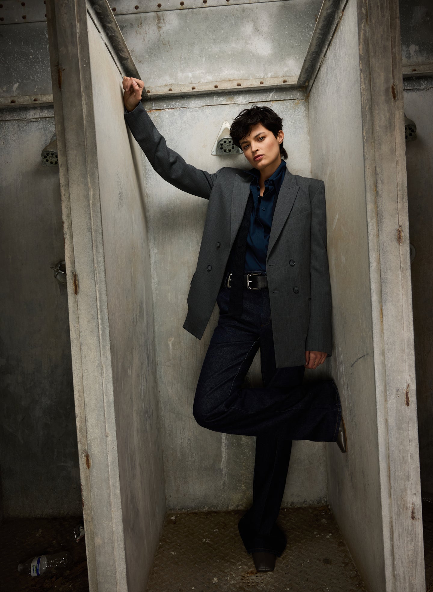 Heather Grey Gossamer Wool Melange Blazer - editorial image on model