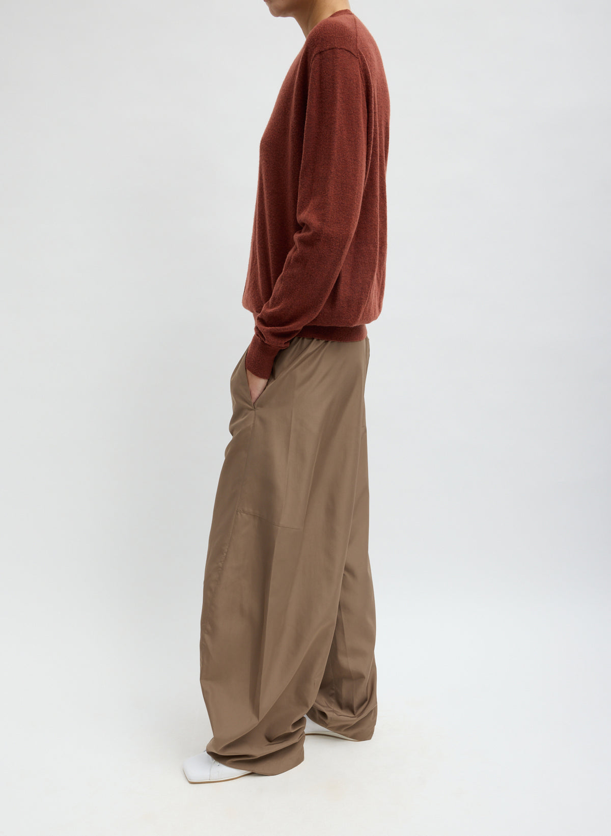 Dark Stone Spring Nylon Winslow Pant - barrel leg lounge pant, side view on model