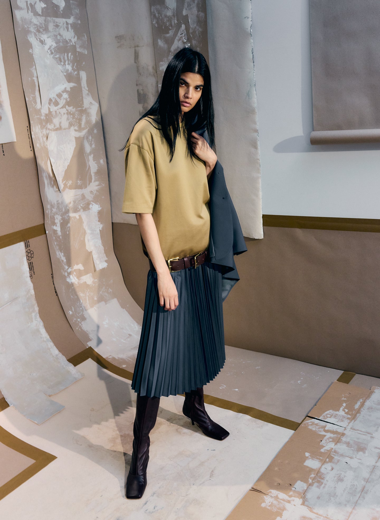 Blue Fog Tropical Wool Pleating Sunray Skirt - pleated midi skirt, editorial image on model