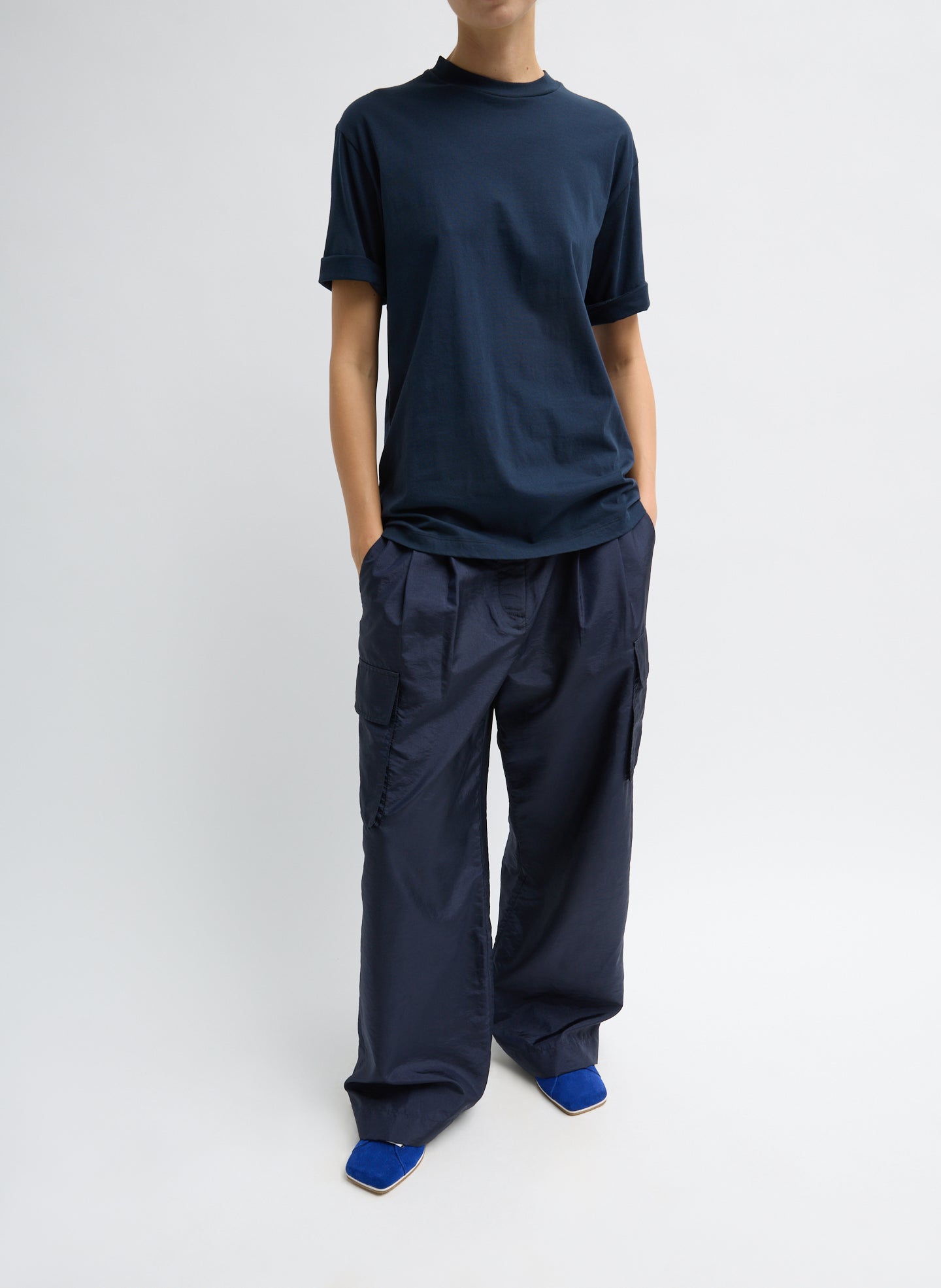 Navy Mock Neck Unisex T-Shirt - full look, front view on model