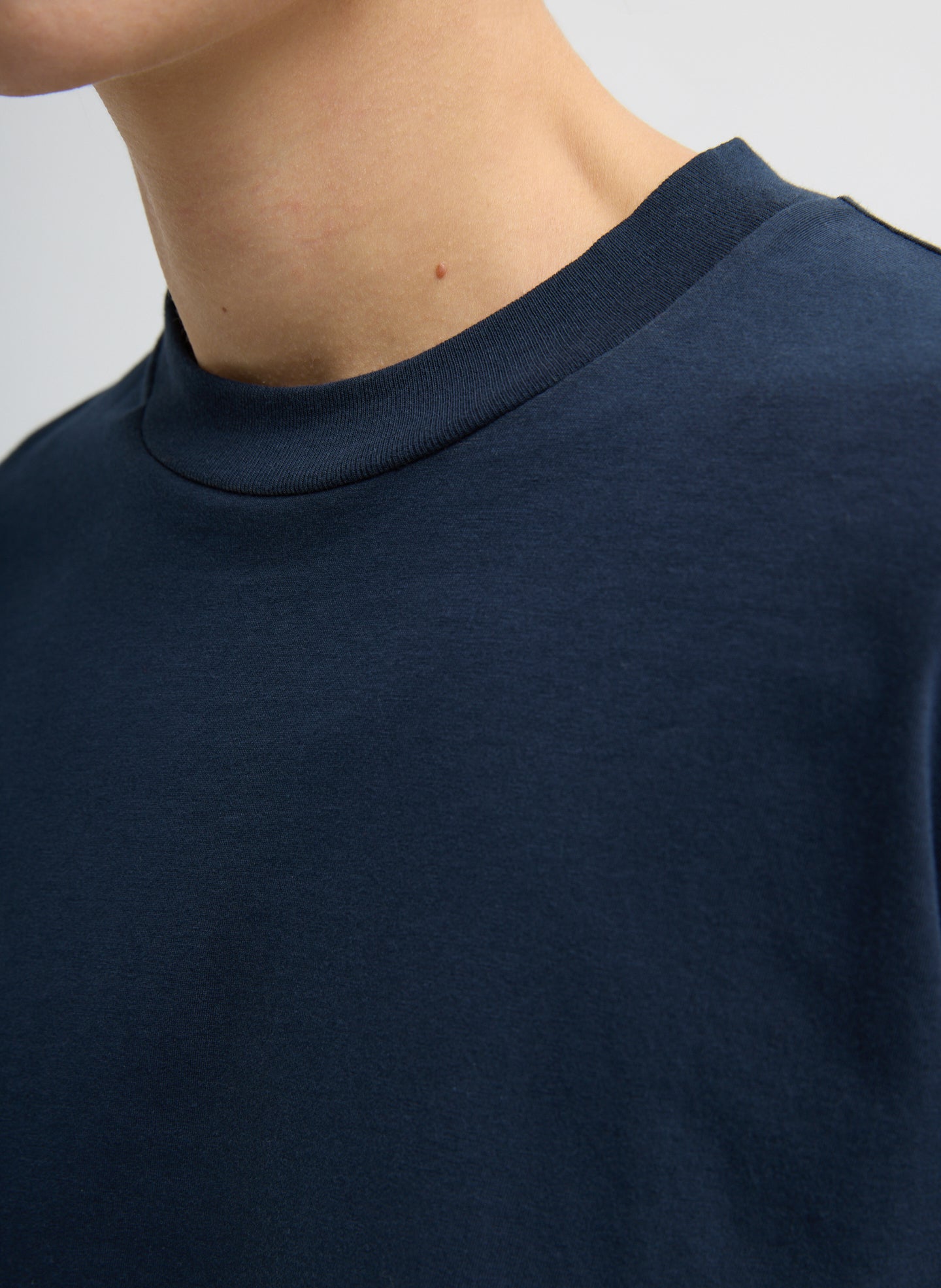 Navy Mock Neck Unisex T-Shirt - closeup of neckline