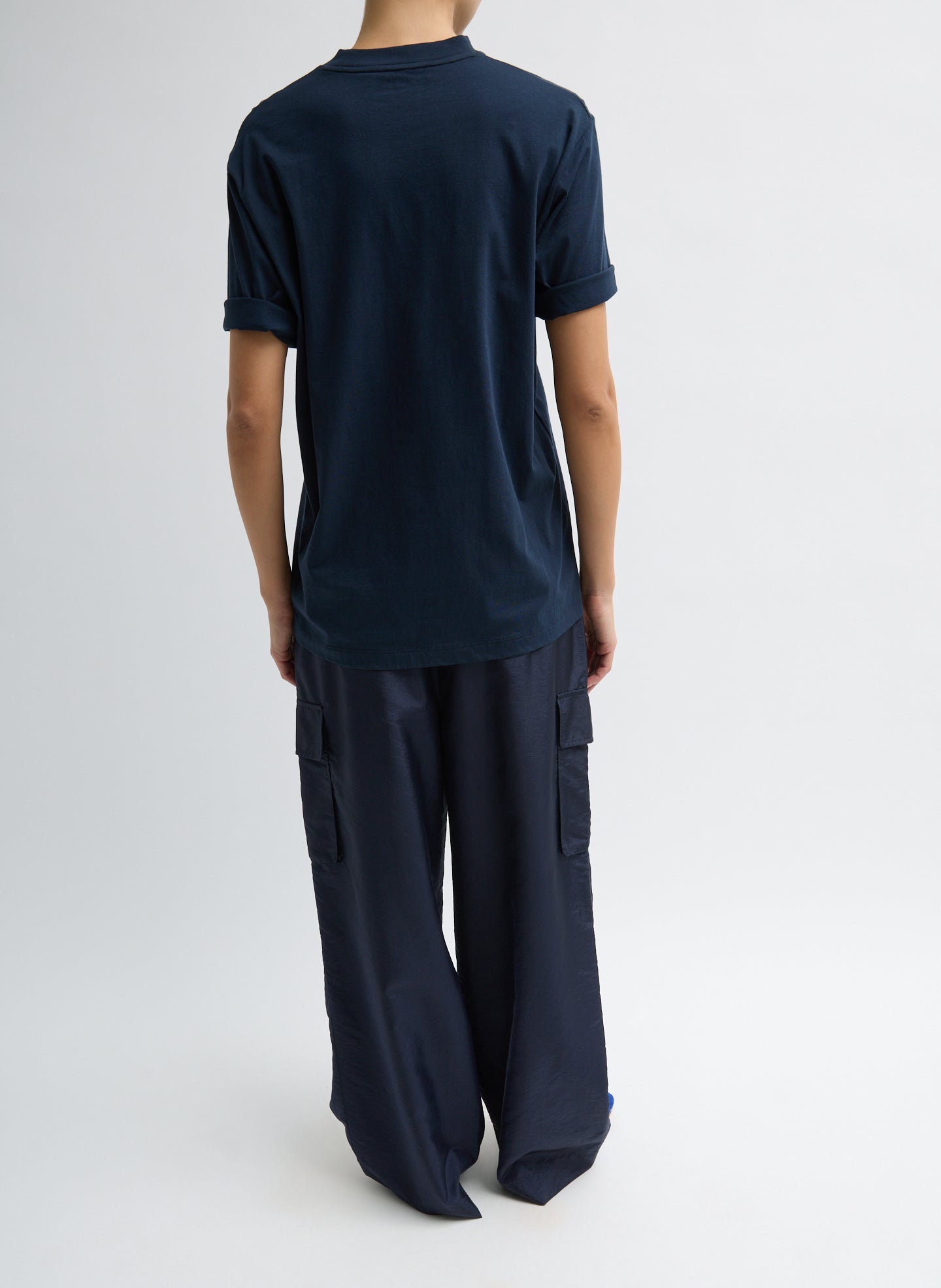 Navy Crispy Nylon Stella Pleated Cargo Pant - oversized fit, back view on model