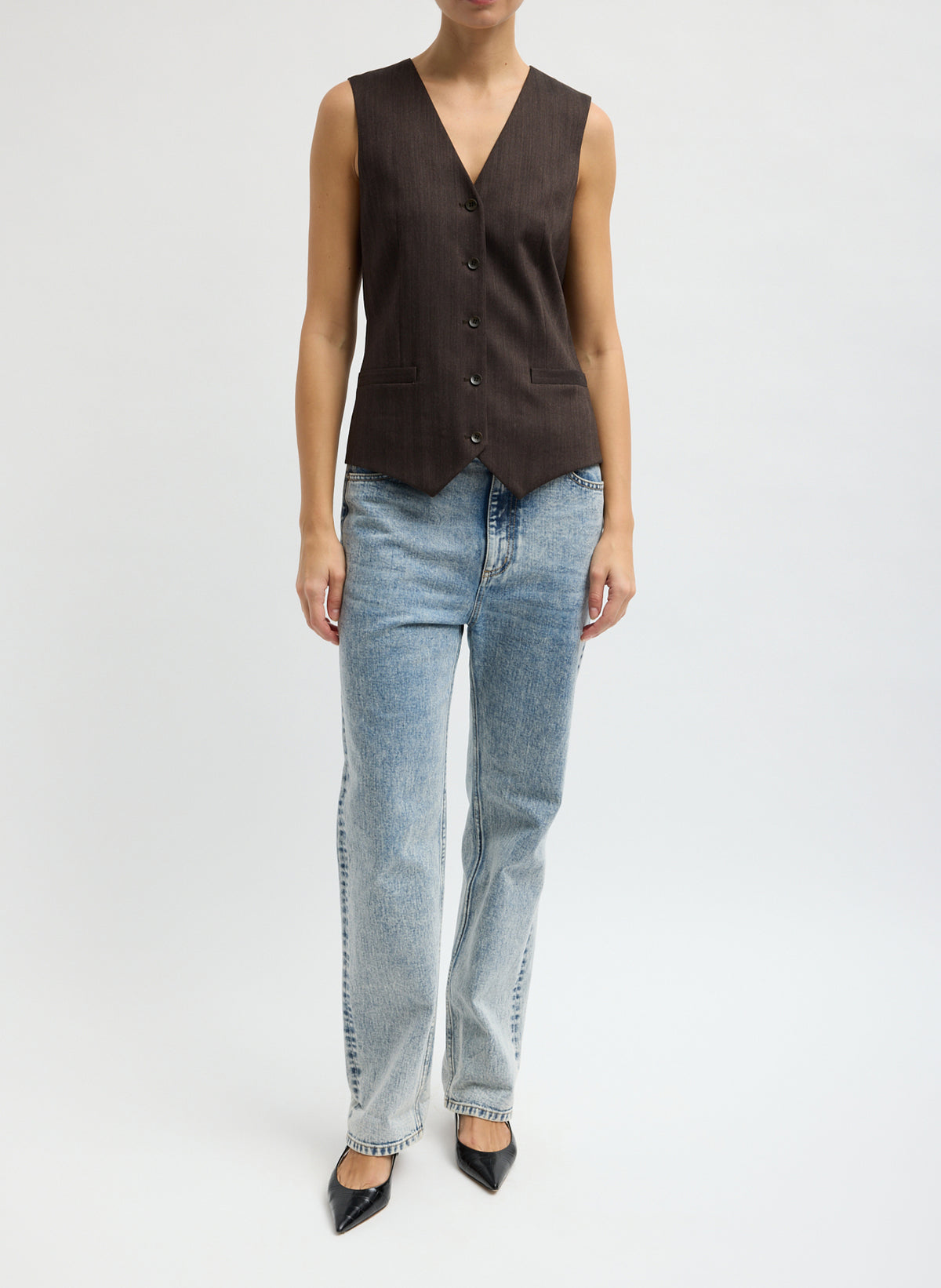 Brown Herringbone Suiting Vest - full look, front view on model