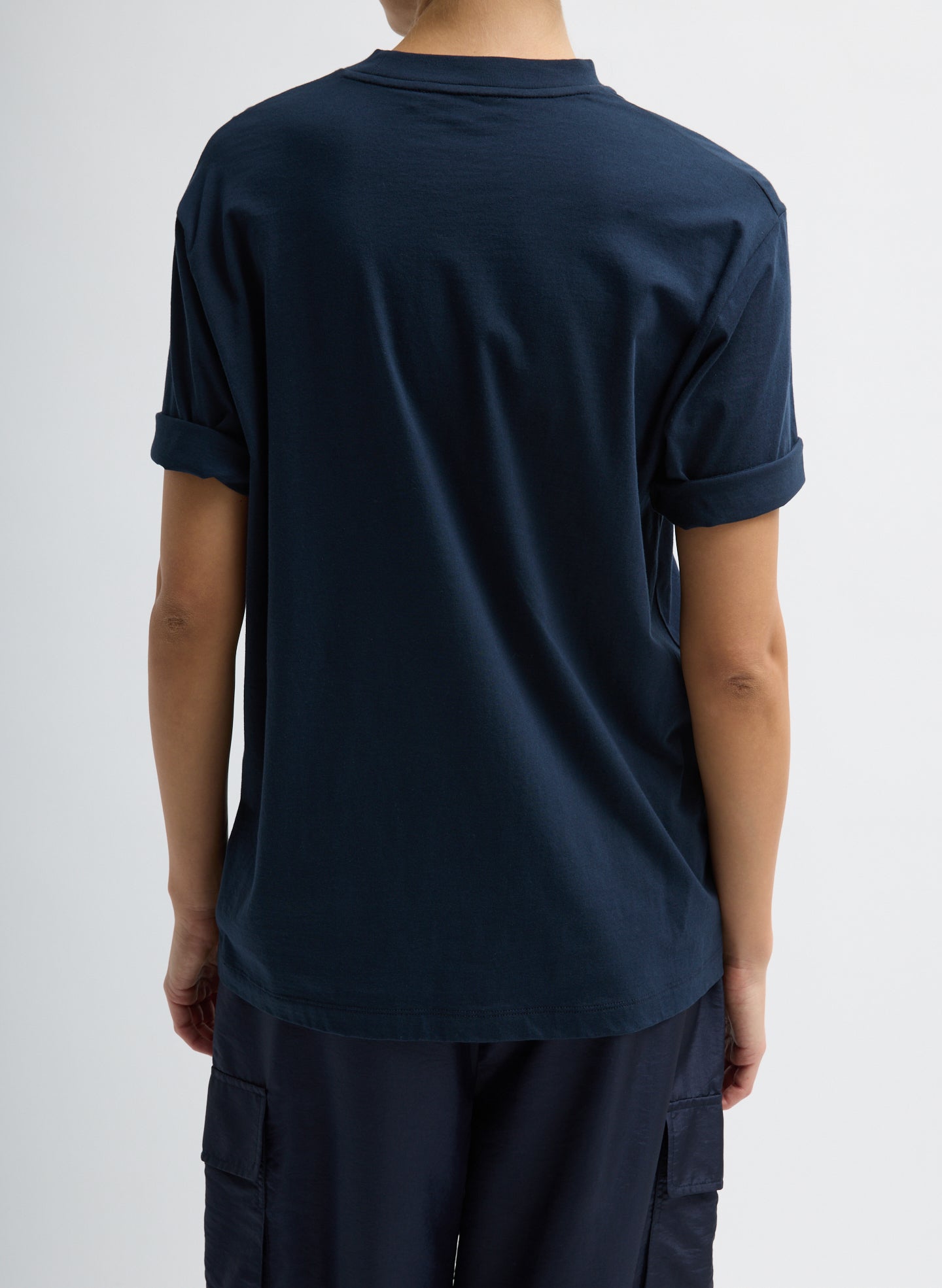 Navy Mock Neck Unisex T-Shirt - oversized fit, back view on model
