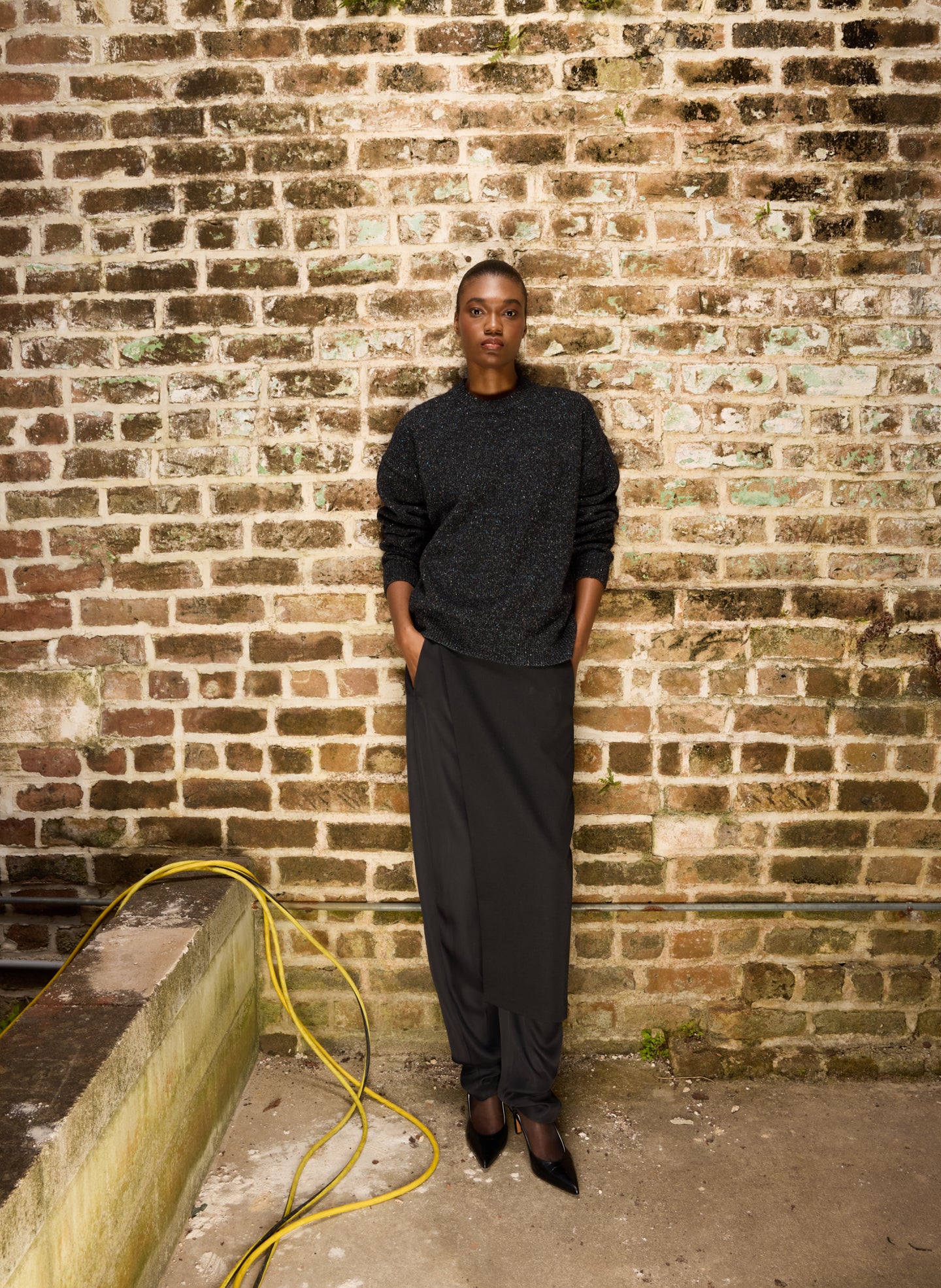 Black Multi Speckled Tweed Crewneck Sweater - editorial image on model