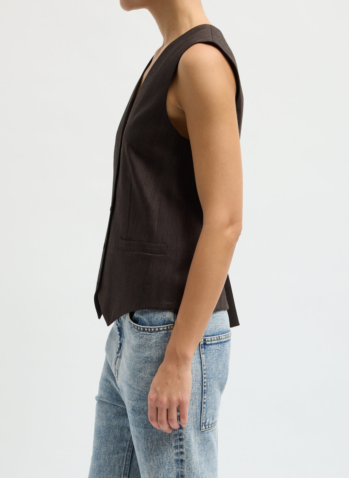 Brown Herringbone Suiting Vest - side view on model