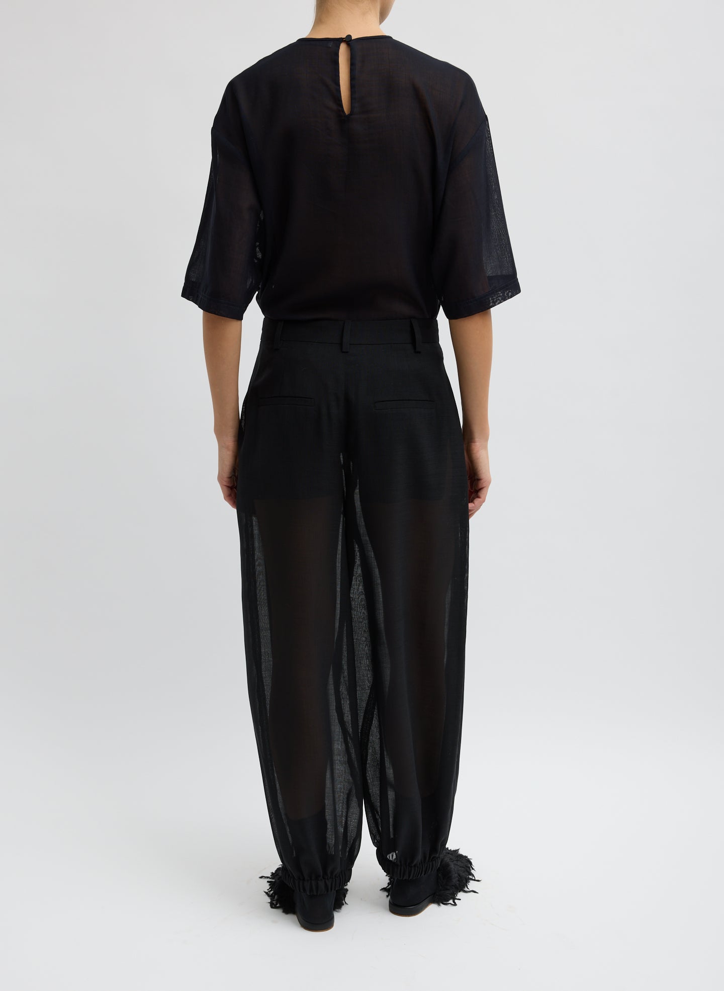 Black Sheer Wool Gauze Pleated Balloon Pant – relaxed fit, back view on model