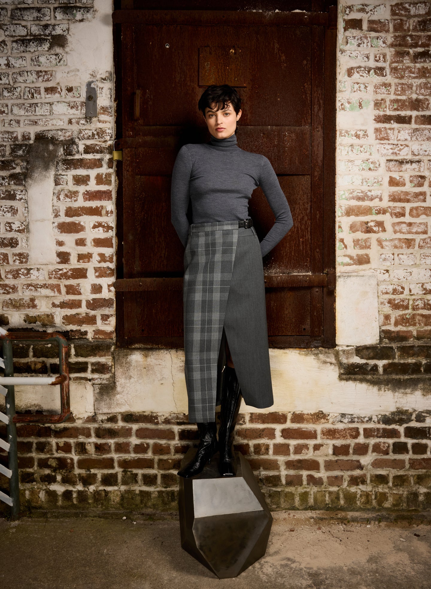 Grey Papery Wool Plaid Double Apron Skirt - editorial image on model