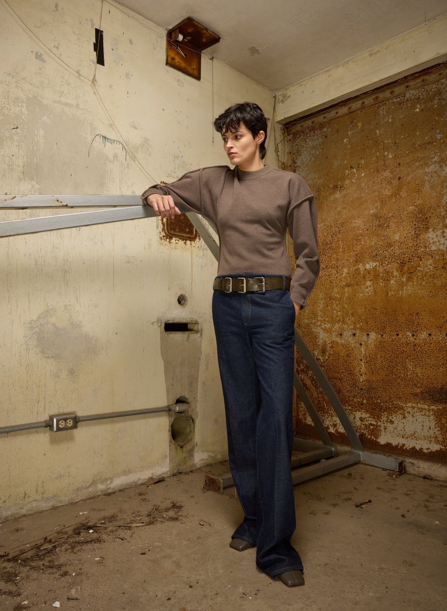 Dark Indigo Denim Pat Trouser Jean - tailored jeans, editorial image on model