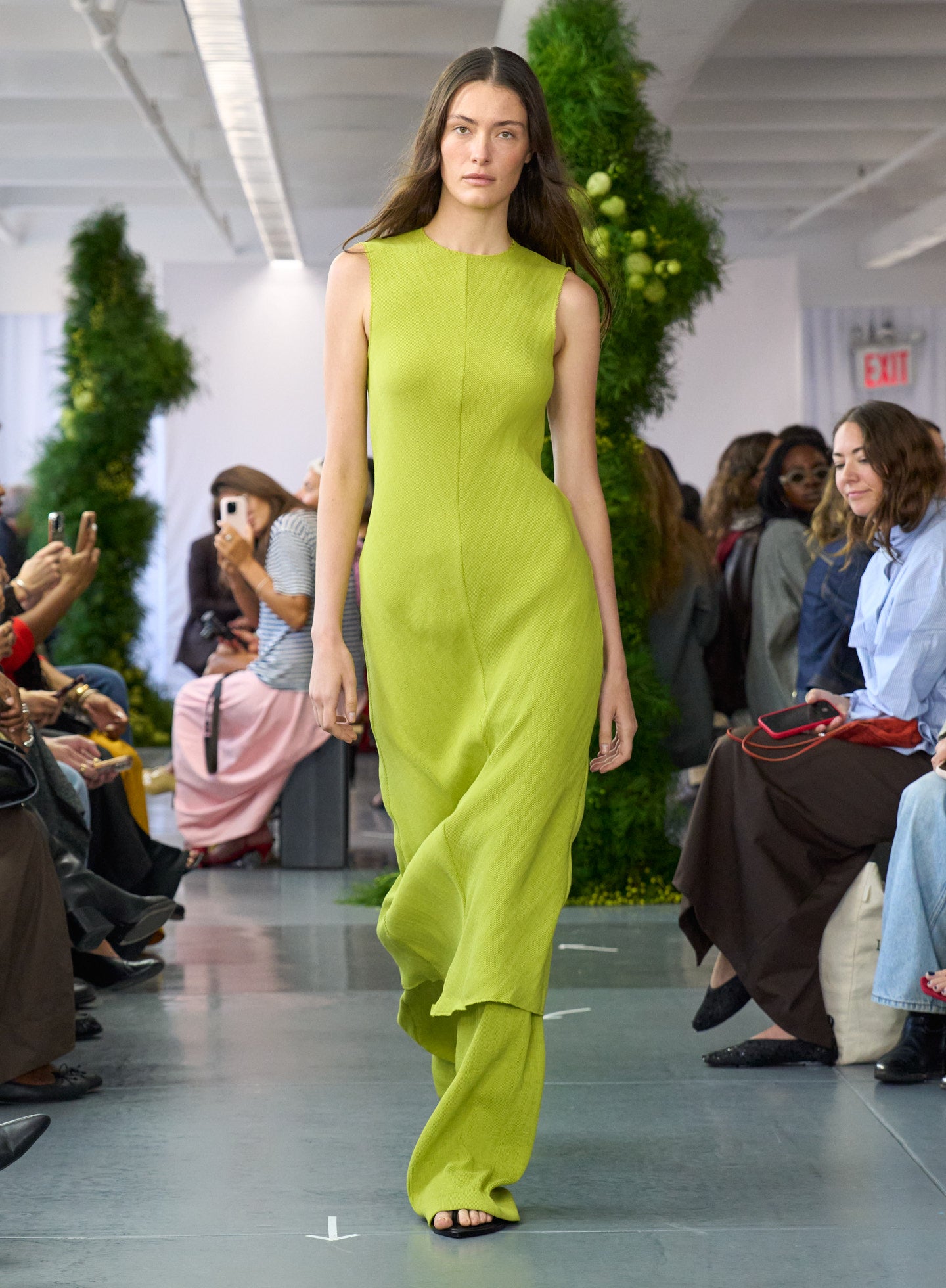 Chartreuse Viscose Plisse Sleeveless Bias Dress - on runway