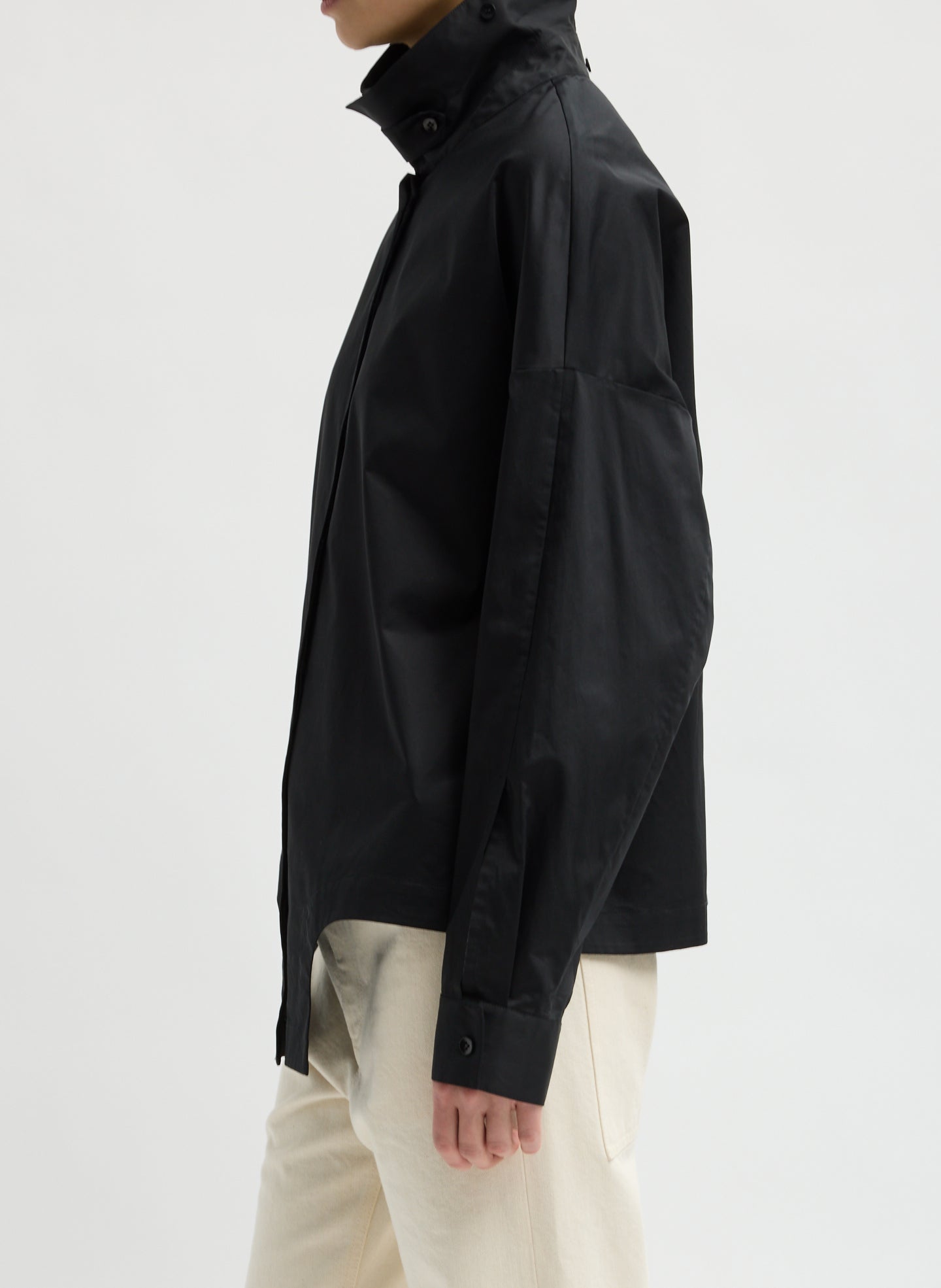 Black Eco Poplin Easy Shirt with Flap Detail - button down shirt, side view on model