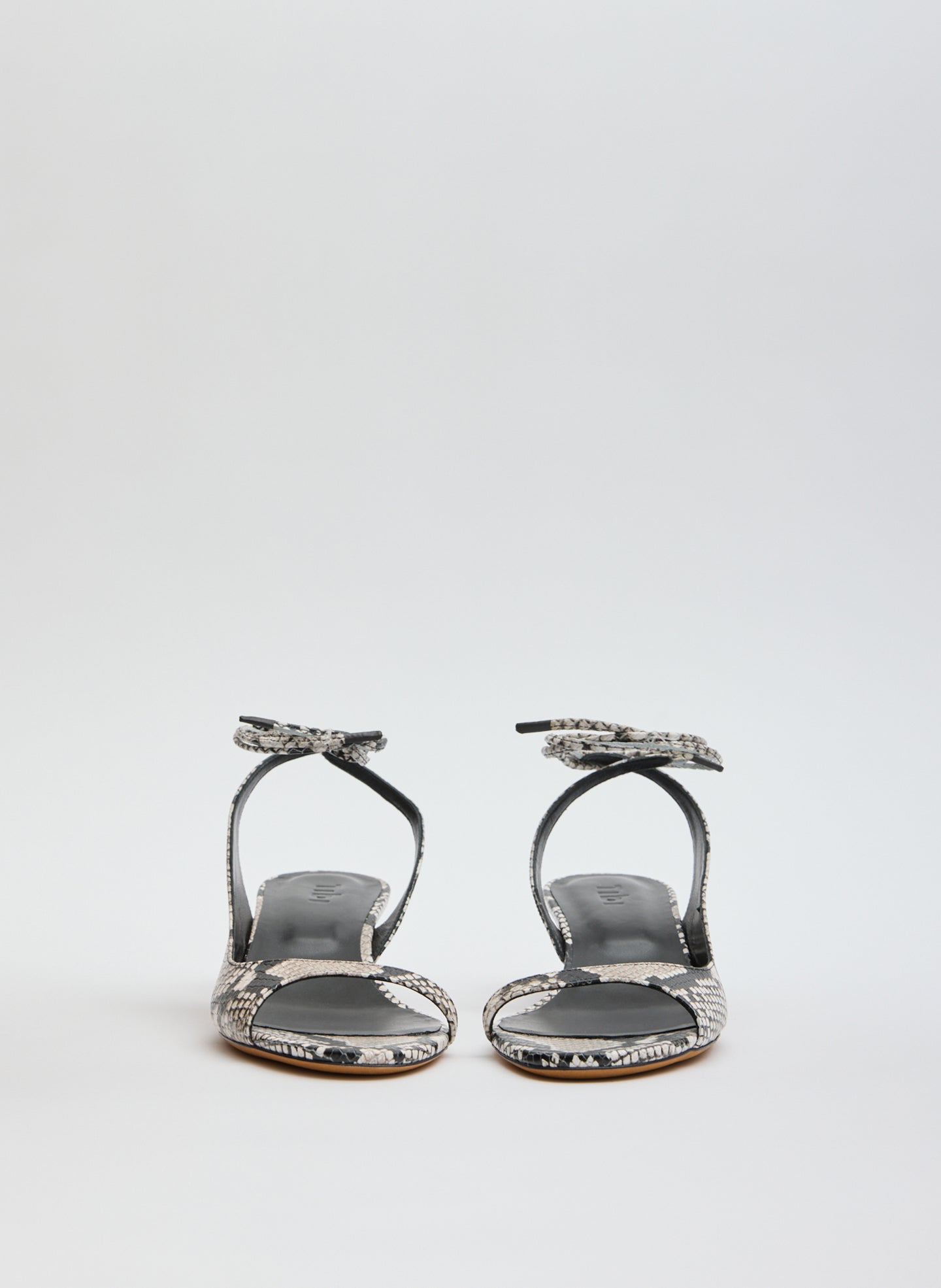 Black and White Snake Embossed Open Toe Heel - front view