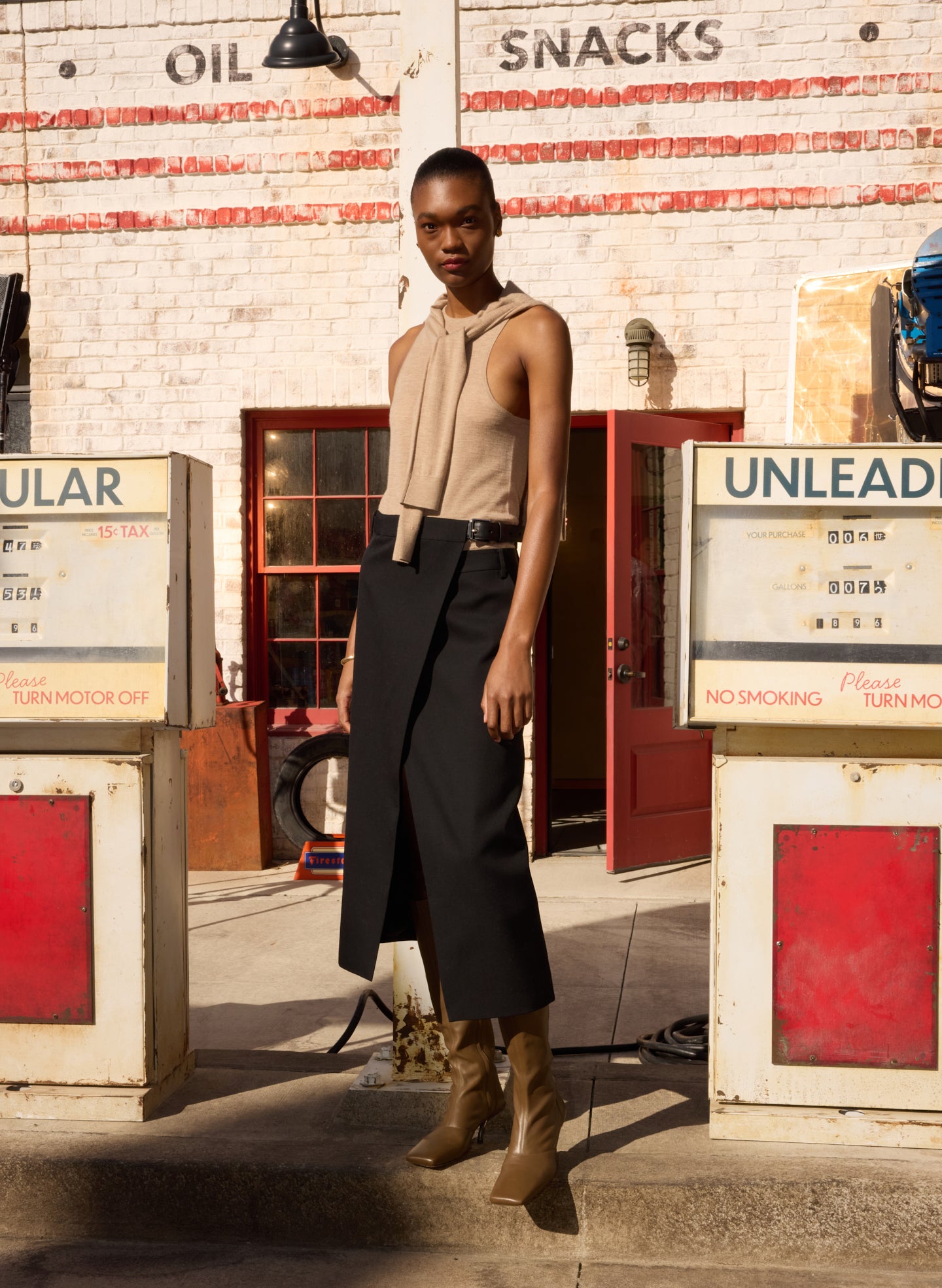 Black Gossamer Plain Weave Double Apron Skirt - editorial image on model
