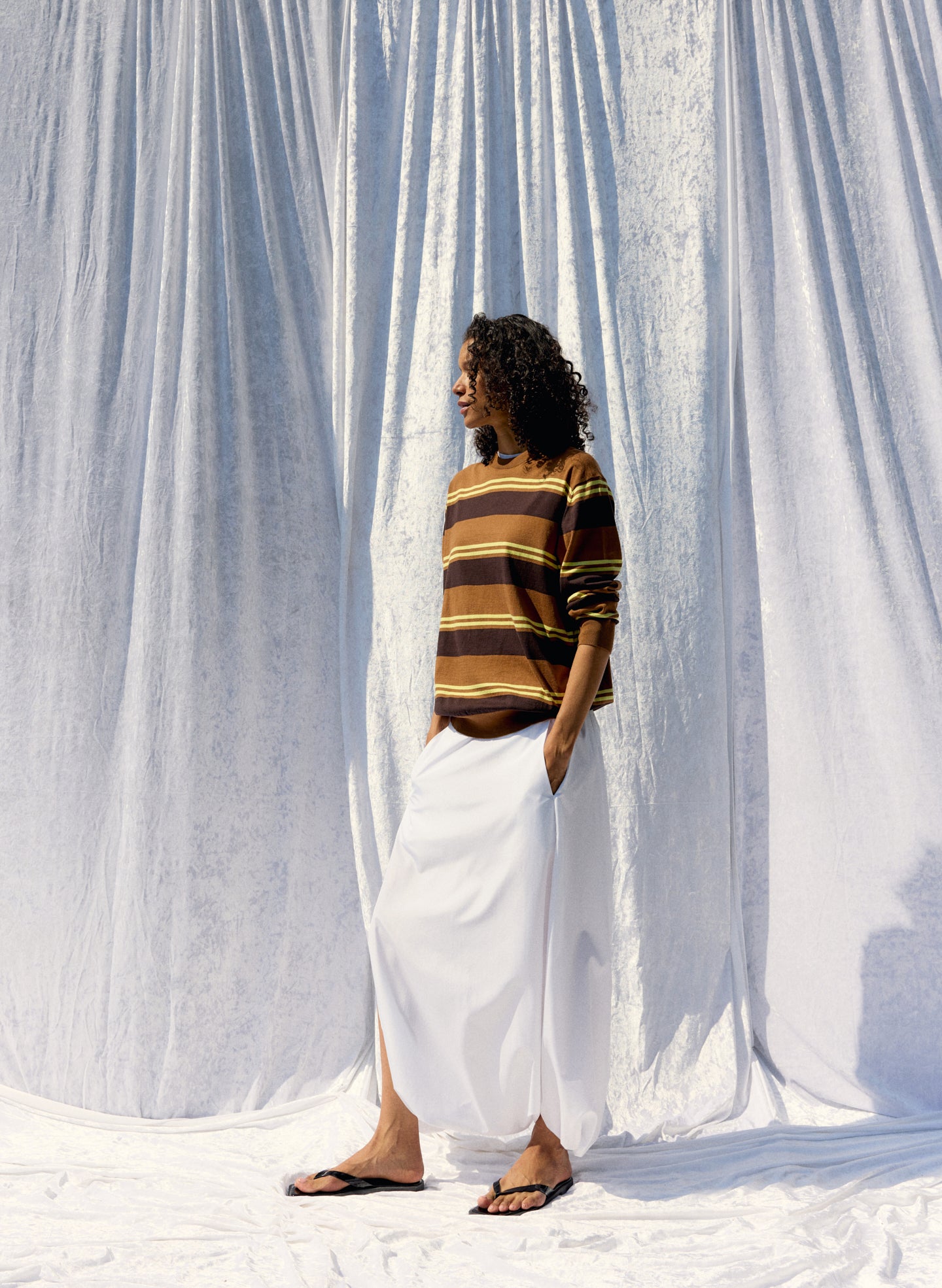 White Summer Nylon Jalouise Midi Skirt - editorial image on model