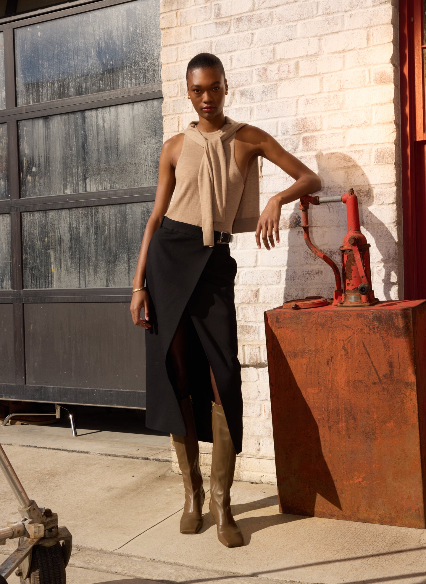 Clay Grey Feather Weight Ribbed Cut Out Tank - editorial image on model