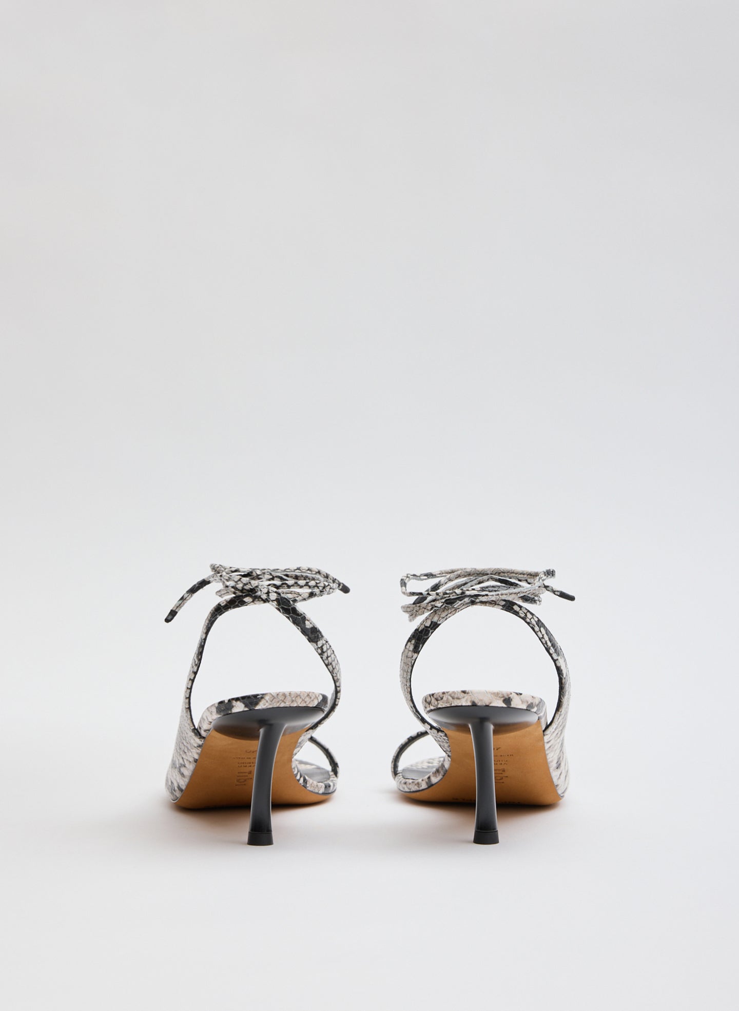 White and Black Snake Embossed Leather Open Toe Harrington Heel - back view