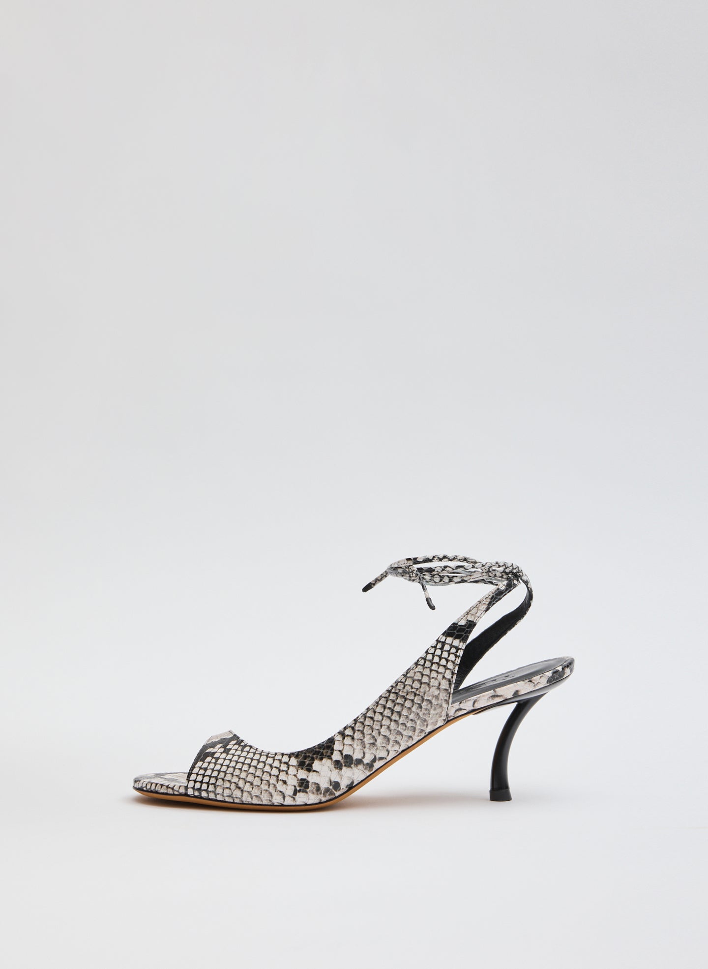 White and Black Snake Embossed Leather Open Toe Harrington Heel - side view