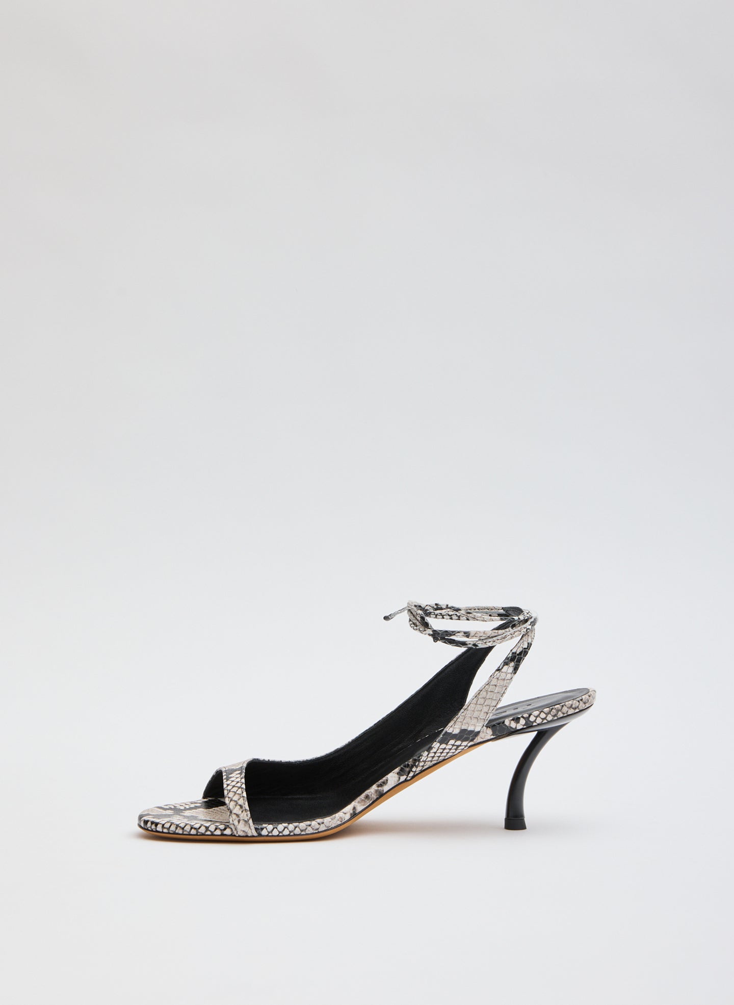 White and Black Snake Embossed Leather Open Toe Harrington Heel - side view