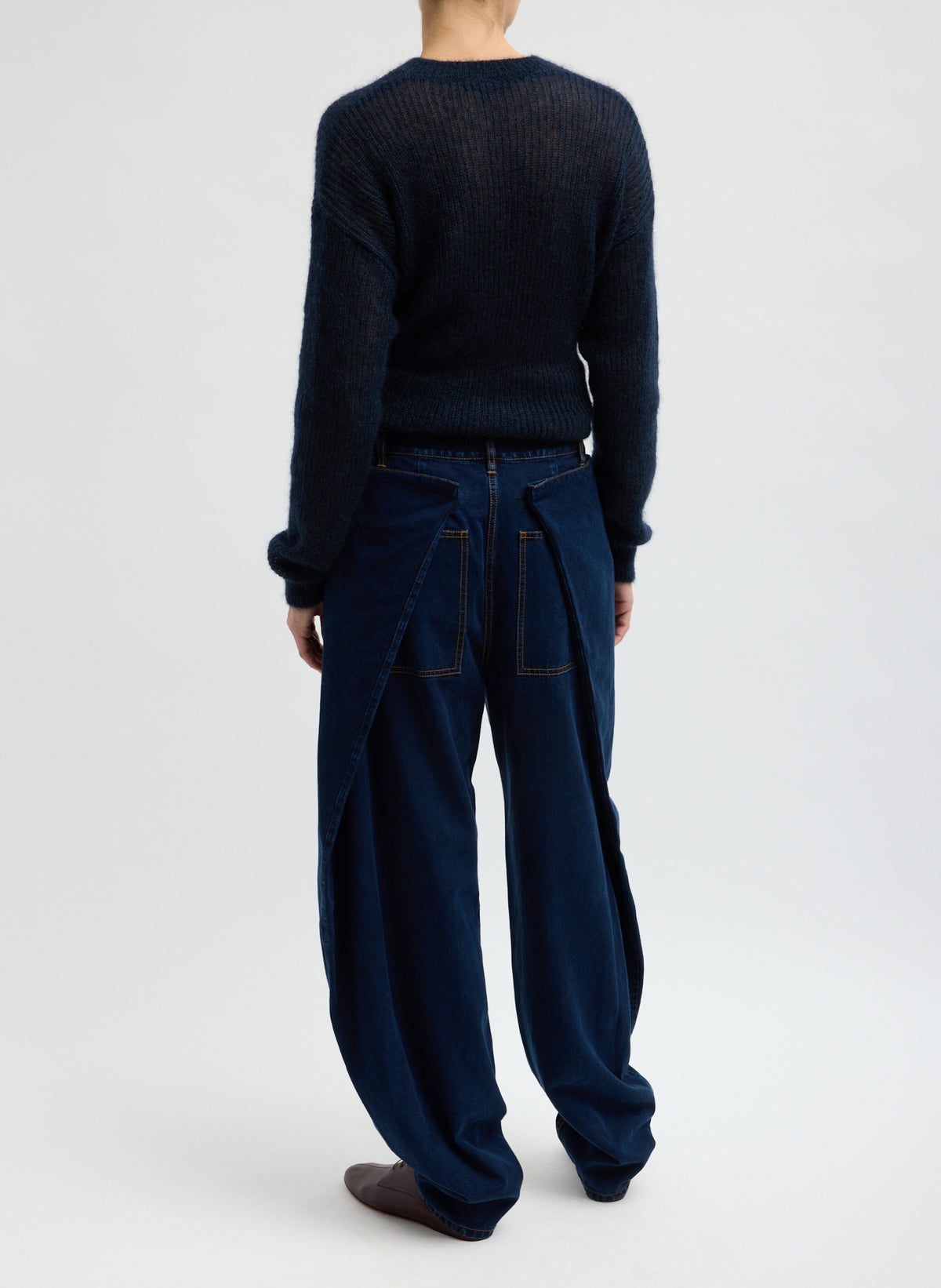 Indigo Tencel Cotton Denim Aleda Jean - barrel leg jean, back view on model