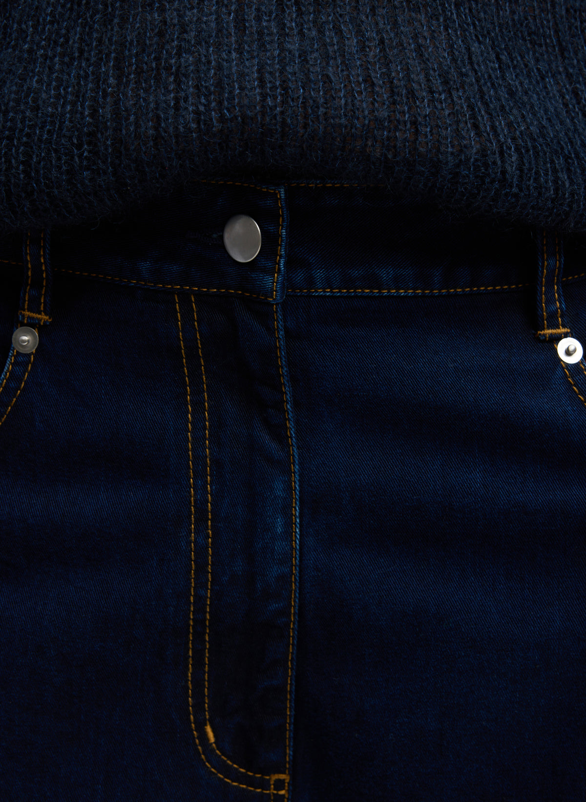 Indigo Tencel Cotton Denim Aleda Jean - closeup of button detail at front