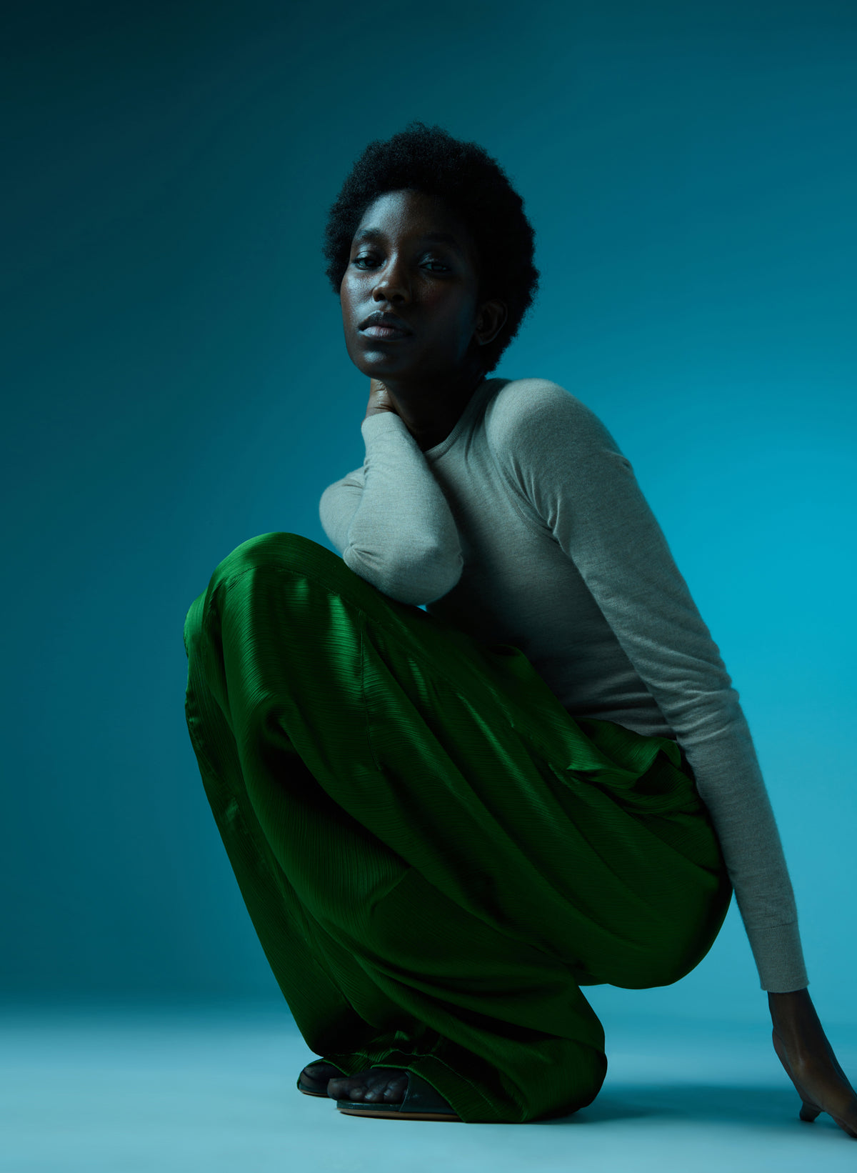 Green Matte Satin Plisse Winslow Pant - editorial image on model
