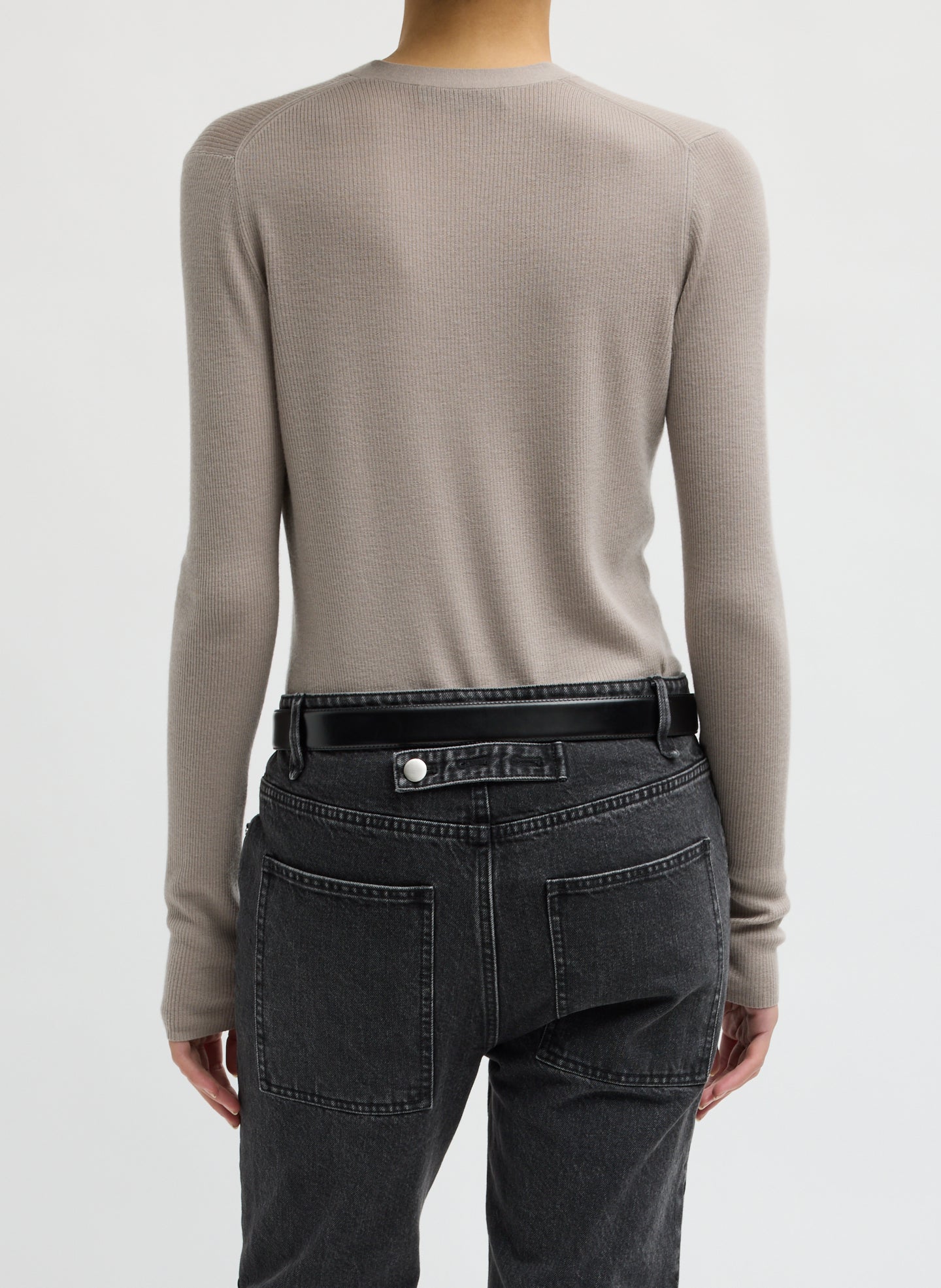 Clay Grey Feather Weight Ribbed V-Neck Cardigan - back view on model