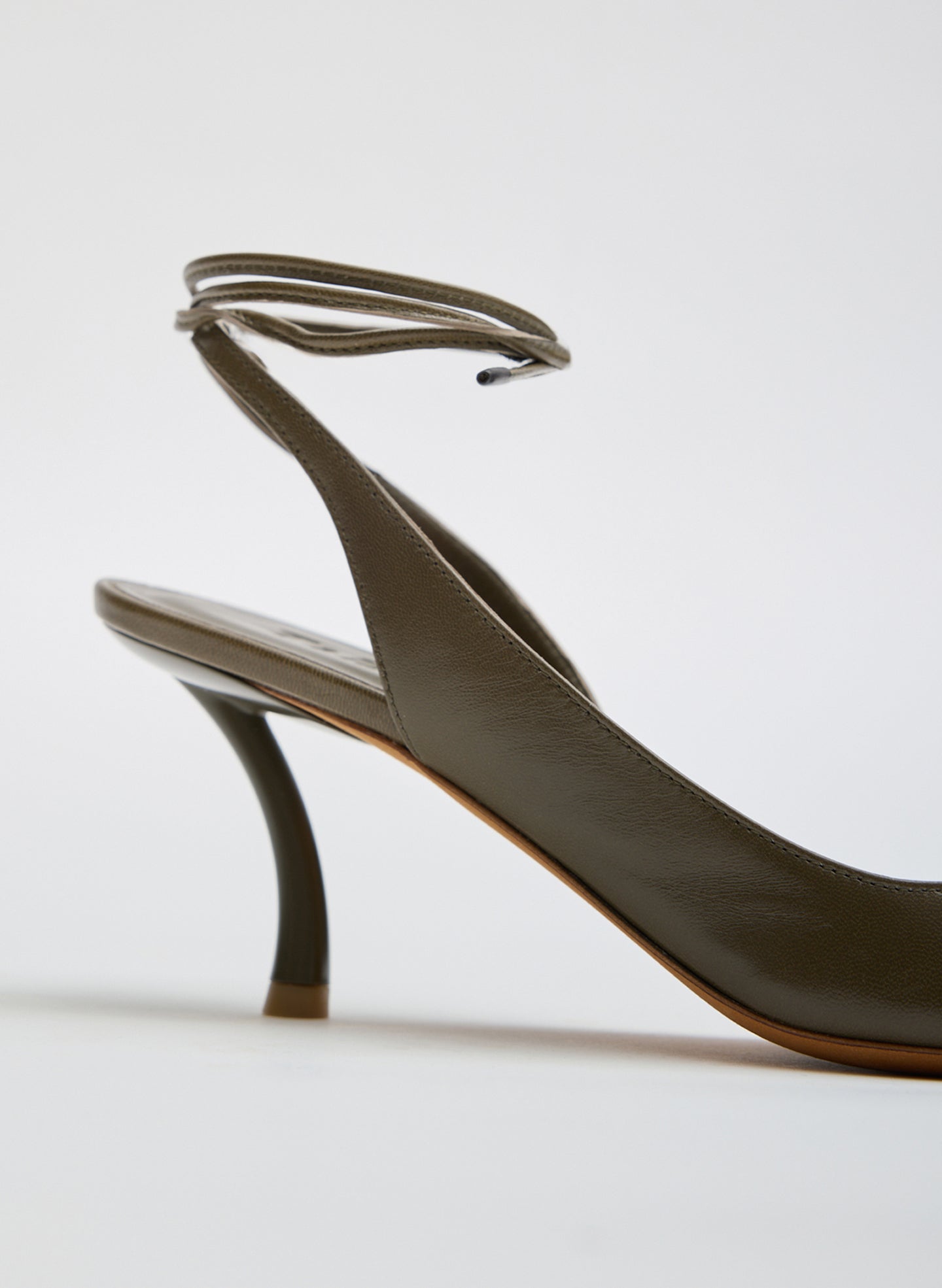 Olive Grey Leather Open Toe Harrington Heel - closeup of heel detail