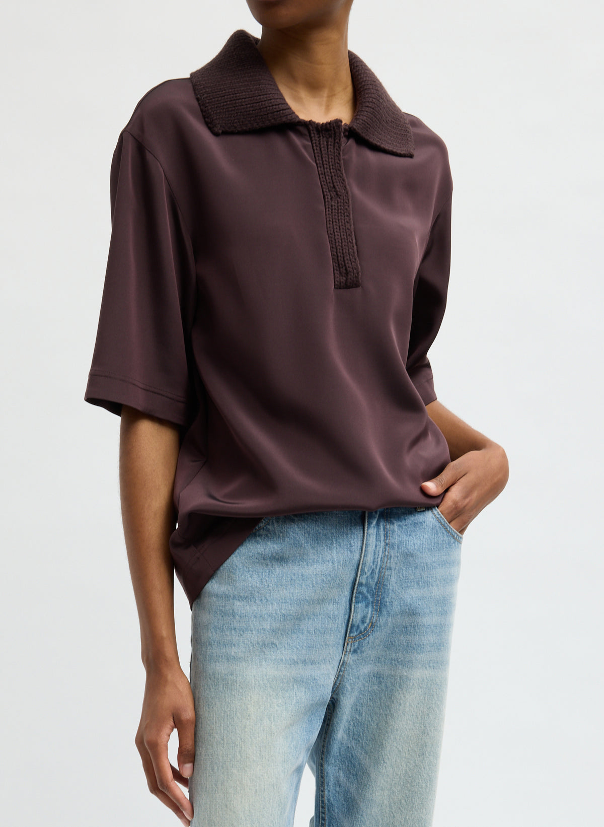 Stretch Silk Nylon Knit Collar Cocoon Top - Brown Stretch Silk Nylon CDC Knit Collar Cocoon Top - short sleeve collared top, front view on model