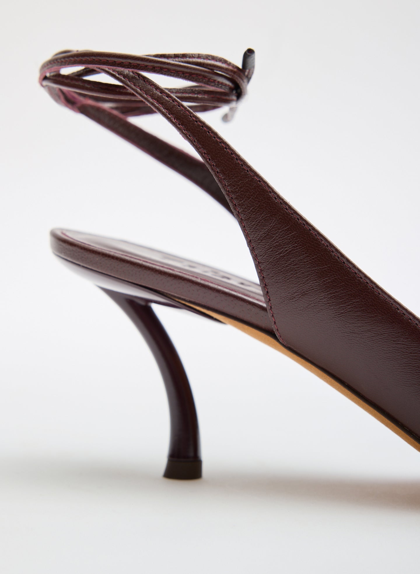 Burgundy Leather Open Toe Harrington Heel - closeup of heel detail