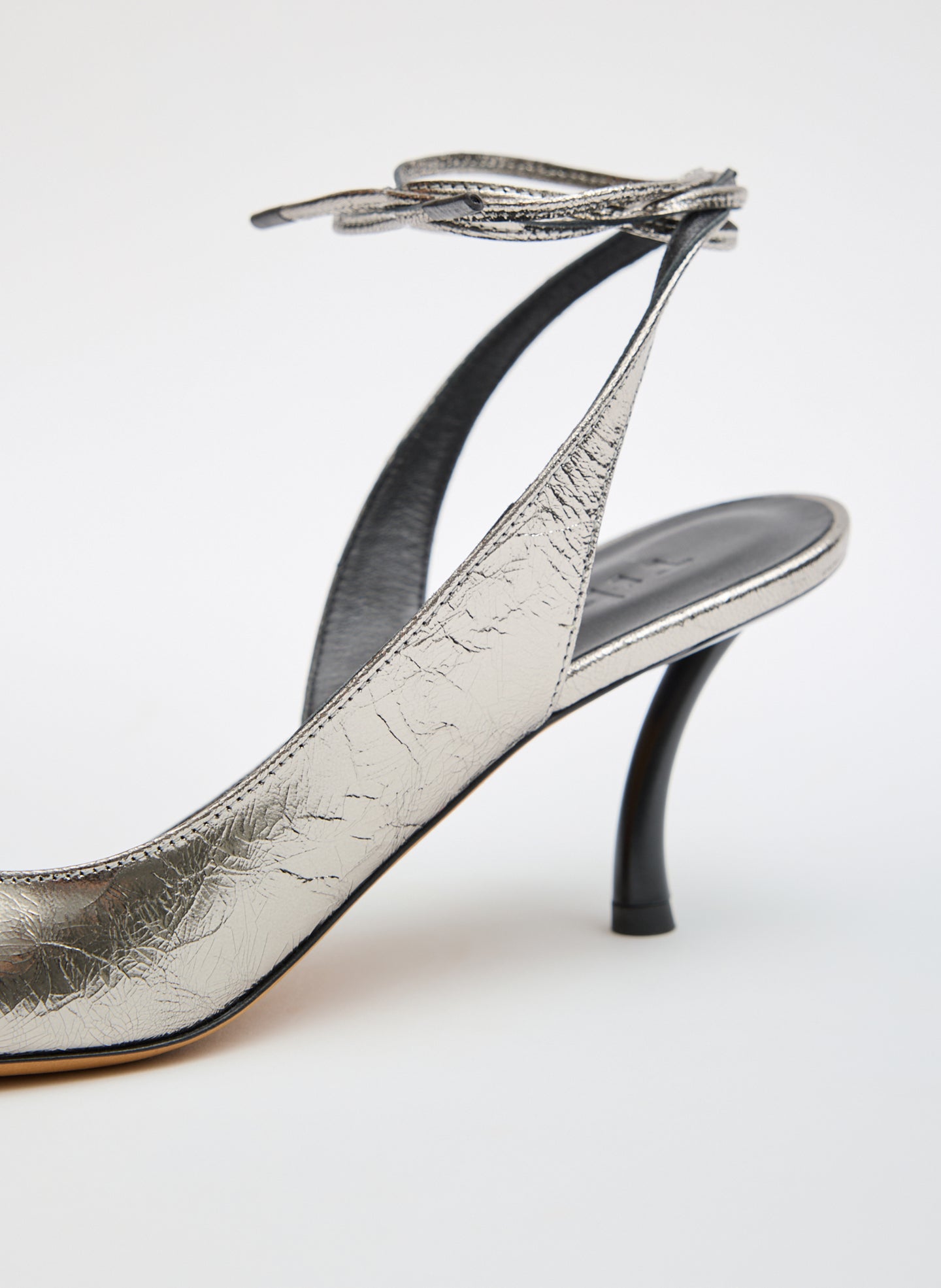 Olive Grey Leather Open Toe Harrington Heel - closeup of side detail