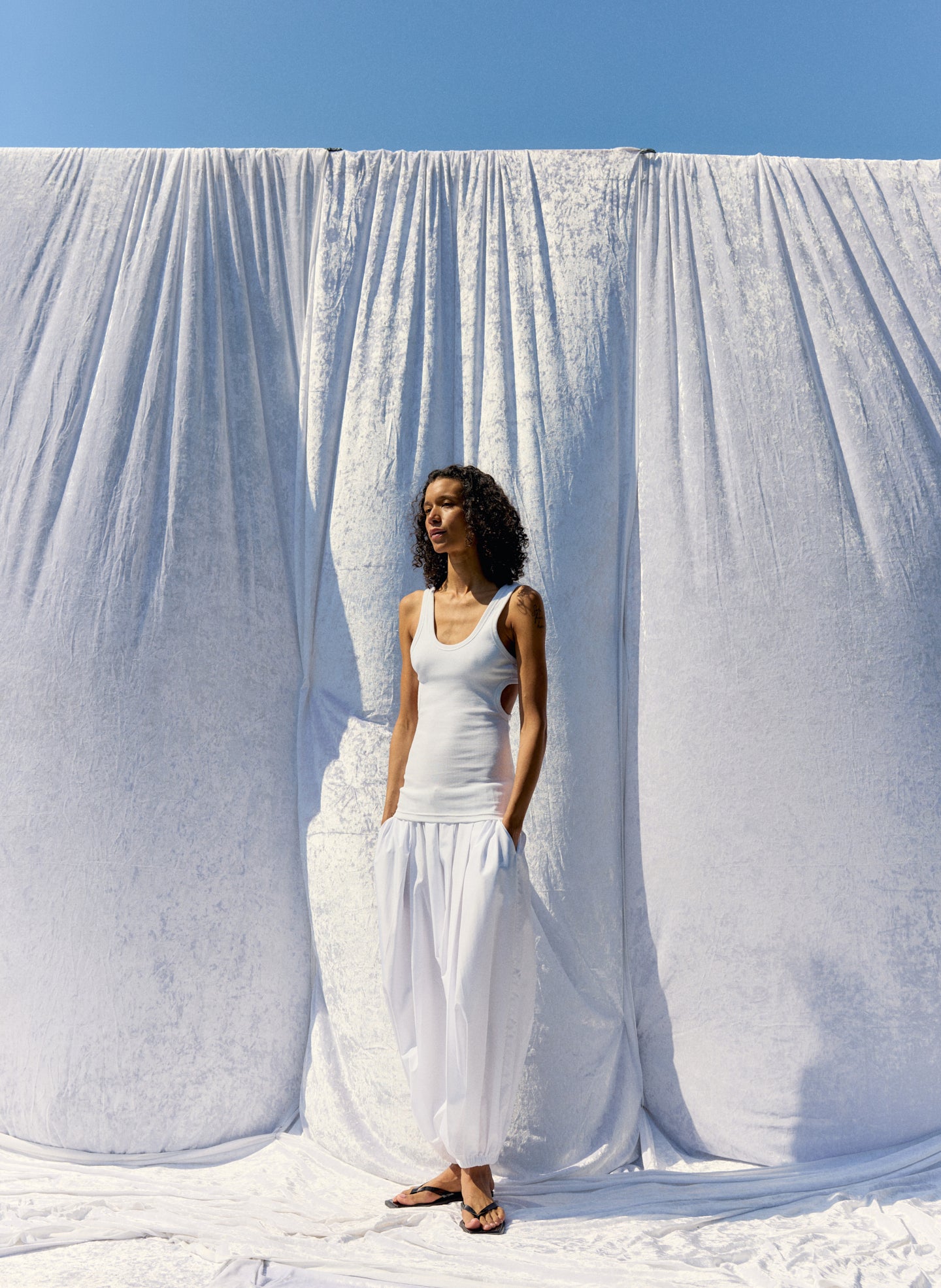 White Summer Nylon Zeppelin Balloon Pant - editorial image on model