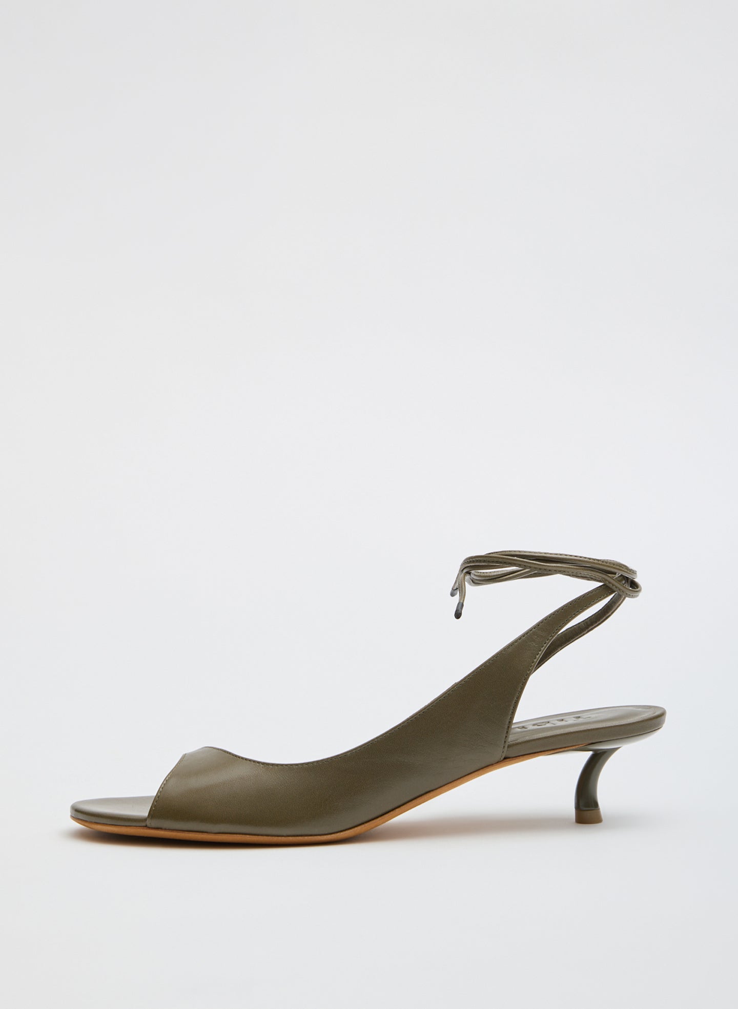 Olive Grey Leather Open Toe Keating Heel - side view