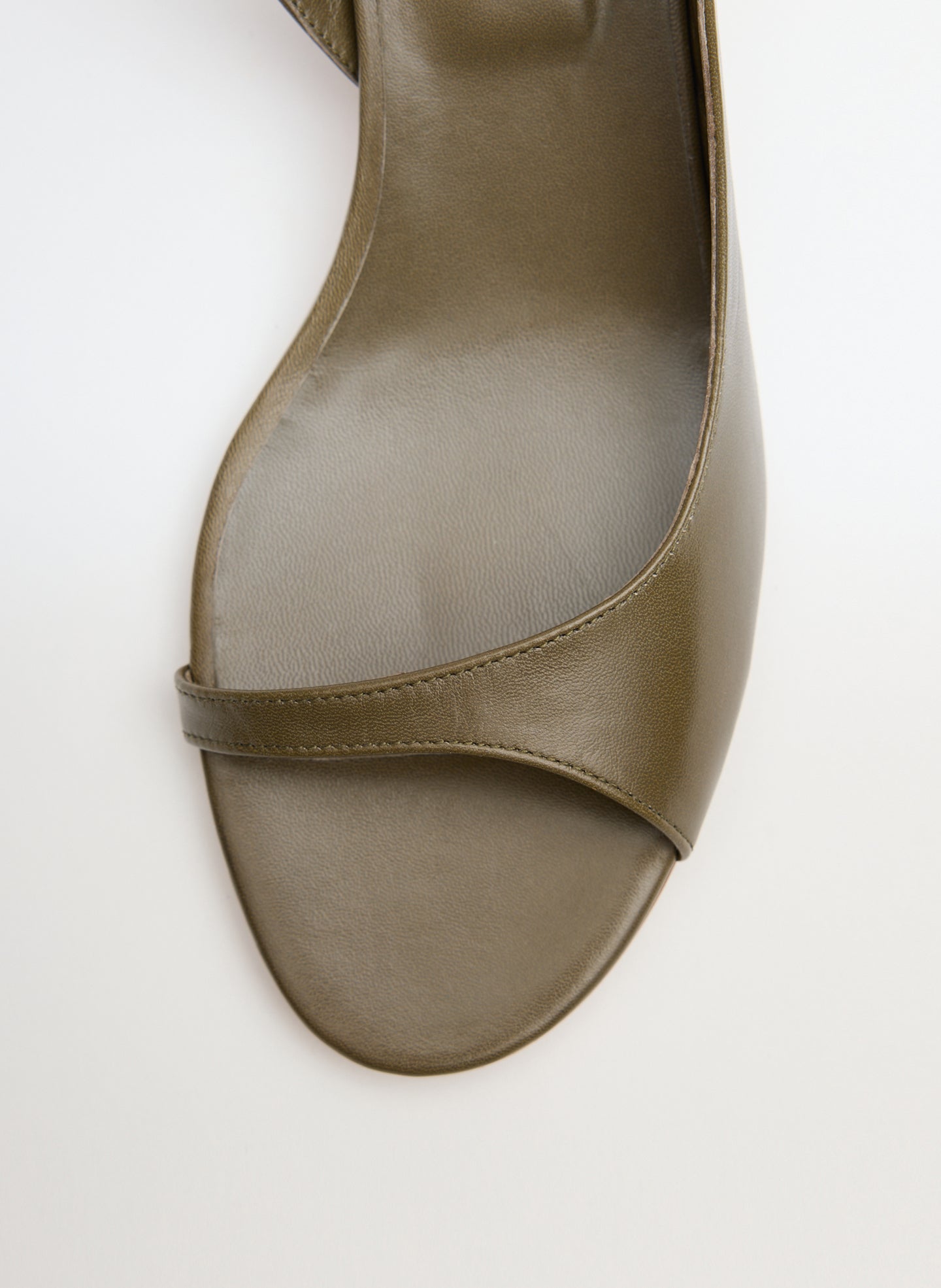 Olive Grey Leather Open Toe Keating Heel - closeup of toe detail