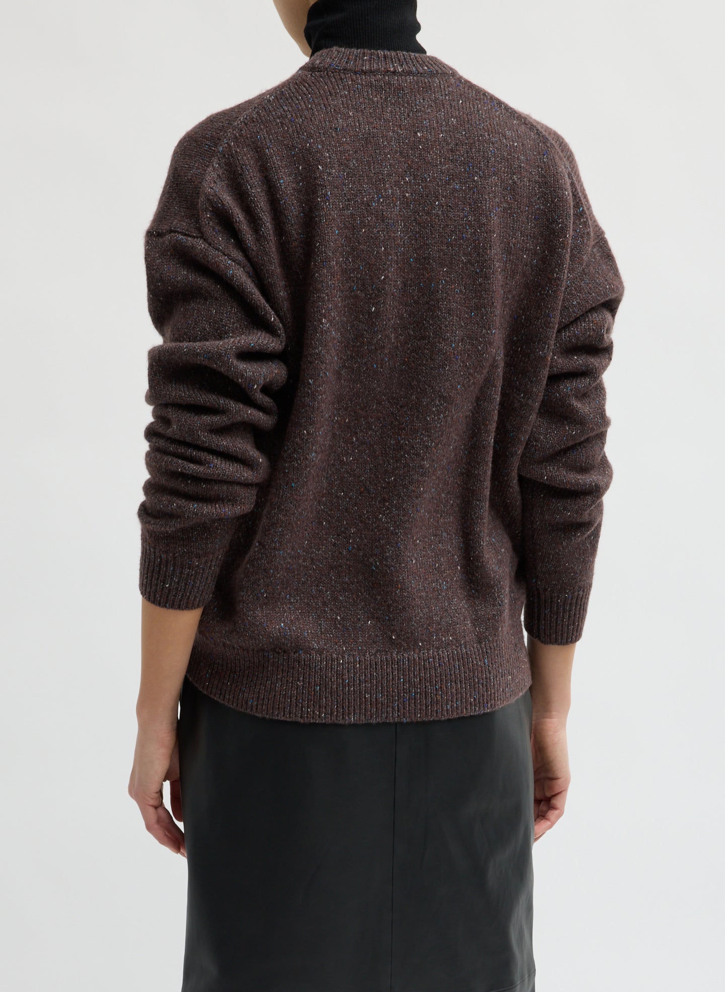 Brown Multi Speckled Tweed Crewneck Sweater - back view on model