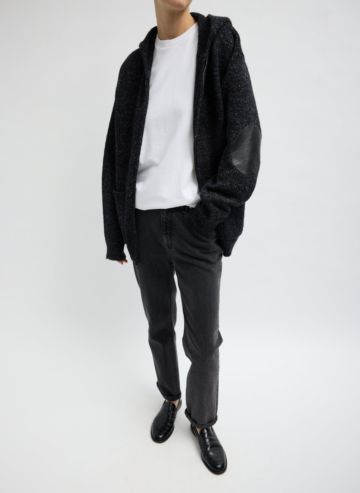 Black Multi Speckled Tweed Zip Up Hoodie Jacket with Leather Patches - front view on model