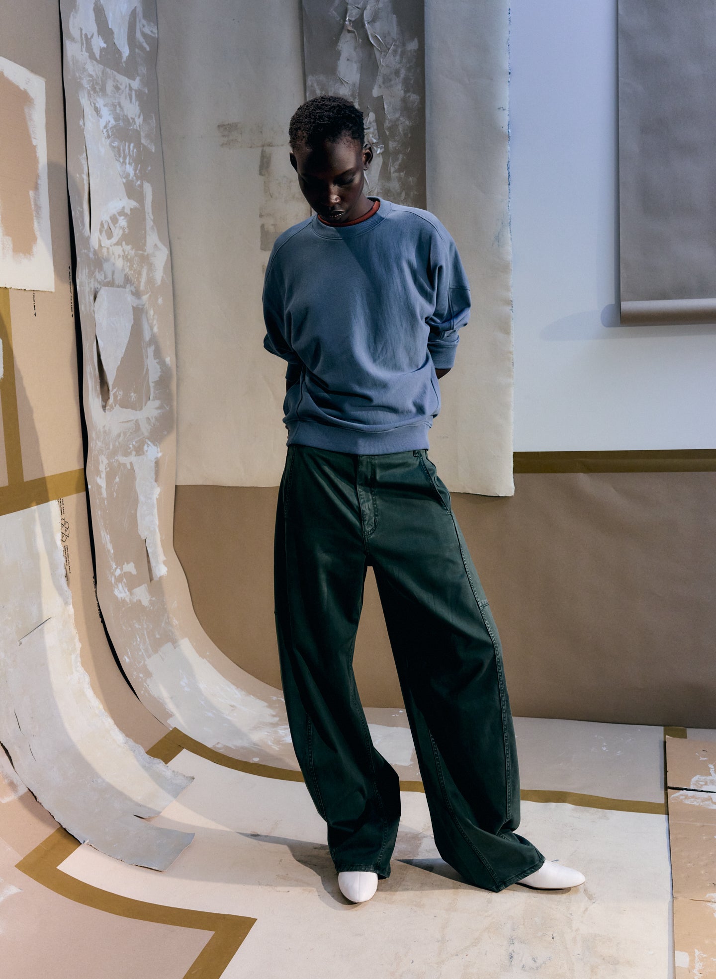 Army Green Garment Dyed Stretch Twill Sid Pant - editorial image on model