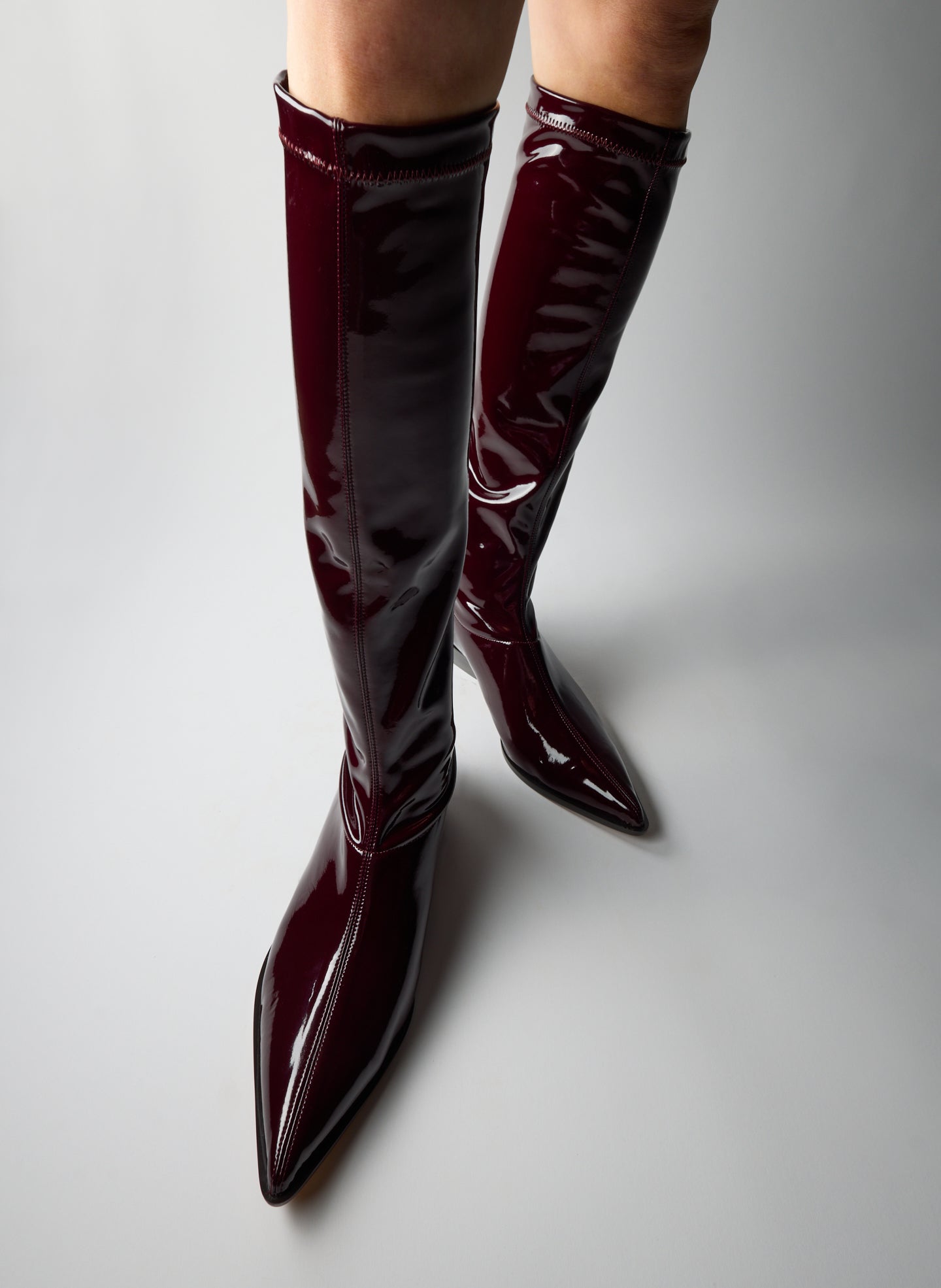 Deep Red Bronson Boot - Regular Calf - patent leather, knee high, pointed toe, on model