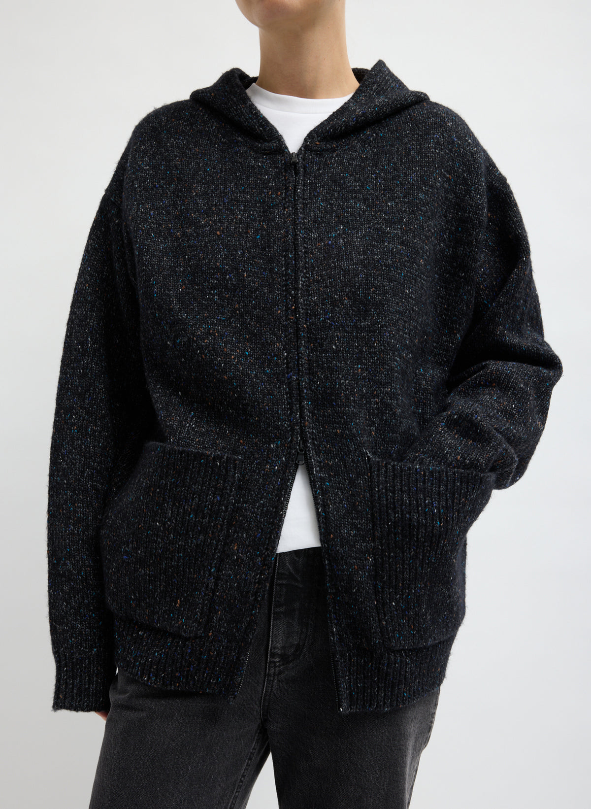 Black Multi Speckled Tweed Zip Up Hoodie Jacket with Leather Patches - front view on model