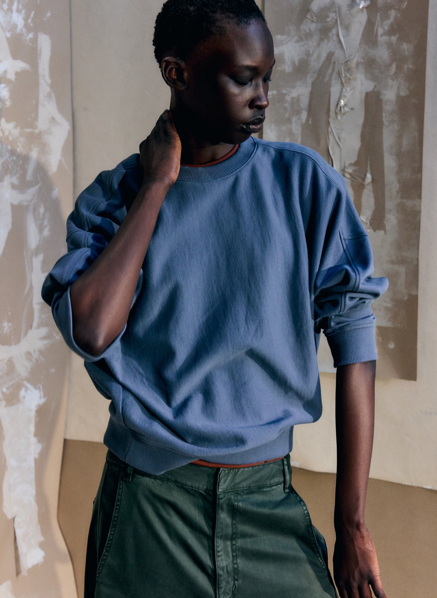 Blue Grey Light Weight Sweatshirting Crewneck Sweatshirt - editorial image on model