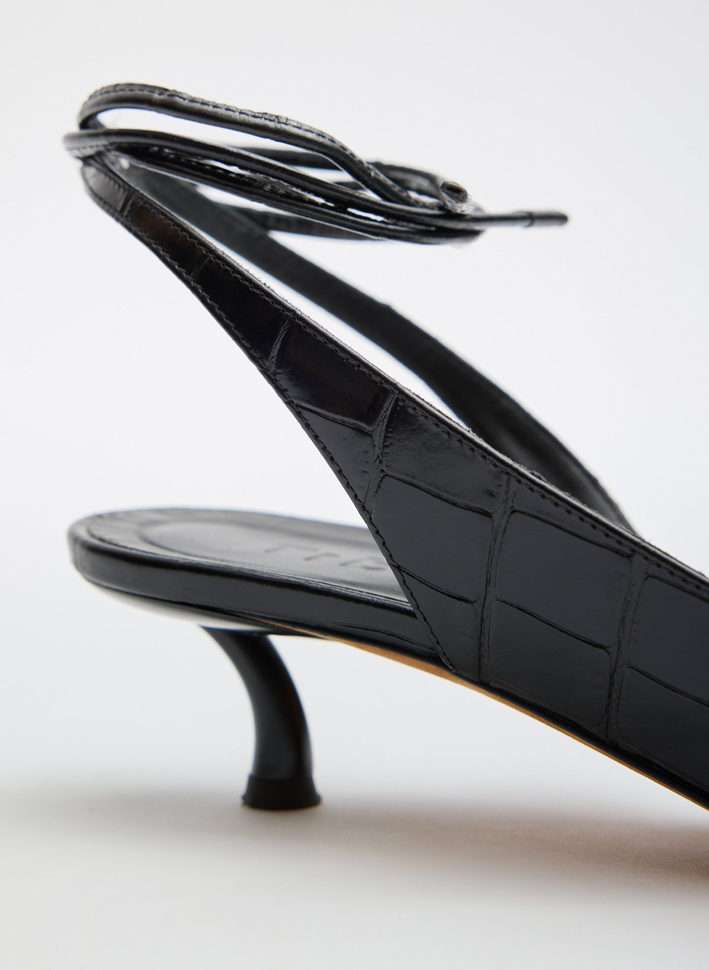 Black Crocodile Embossed Leather Open Toe Heel - closeup of heel detail
