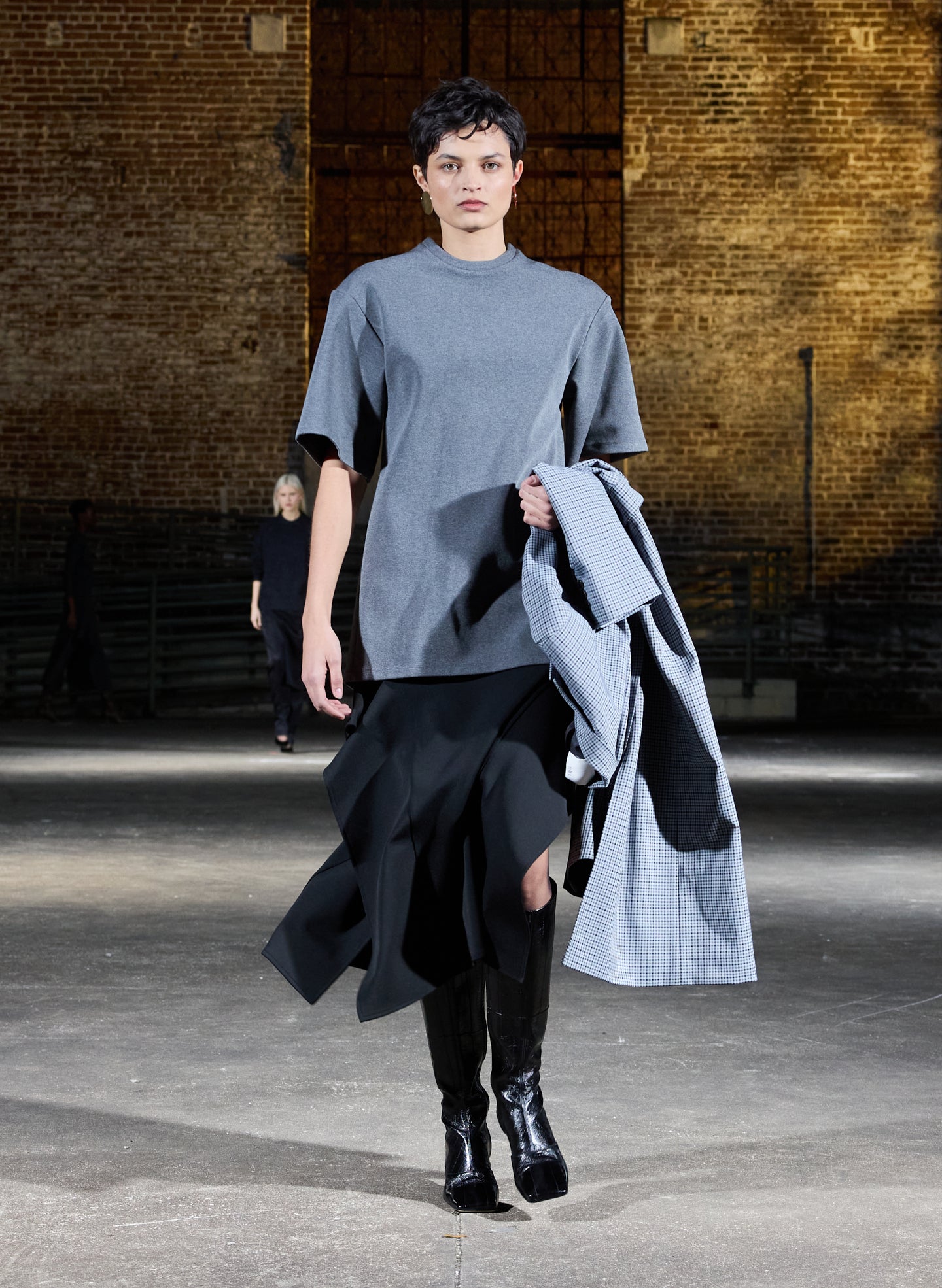 Charcoal Grey Luxe Crepe Knit Easy Tunic Top + Black Skirt - editorial image on model
