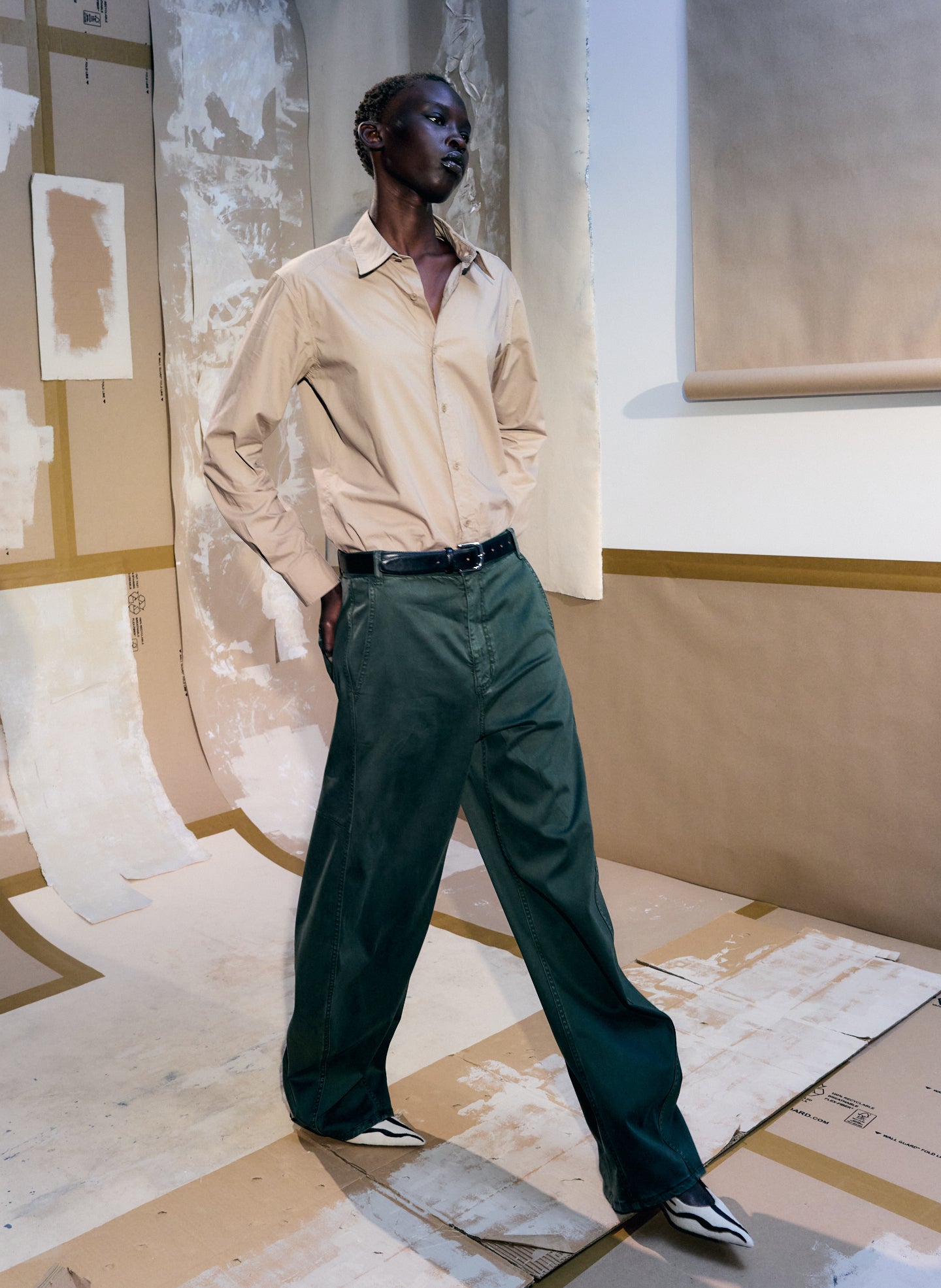 Dark Stone Beige Charlie Shirt - button down shirt, editorial image on model