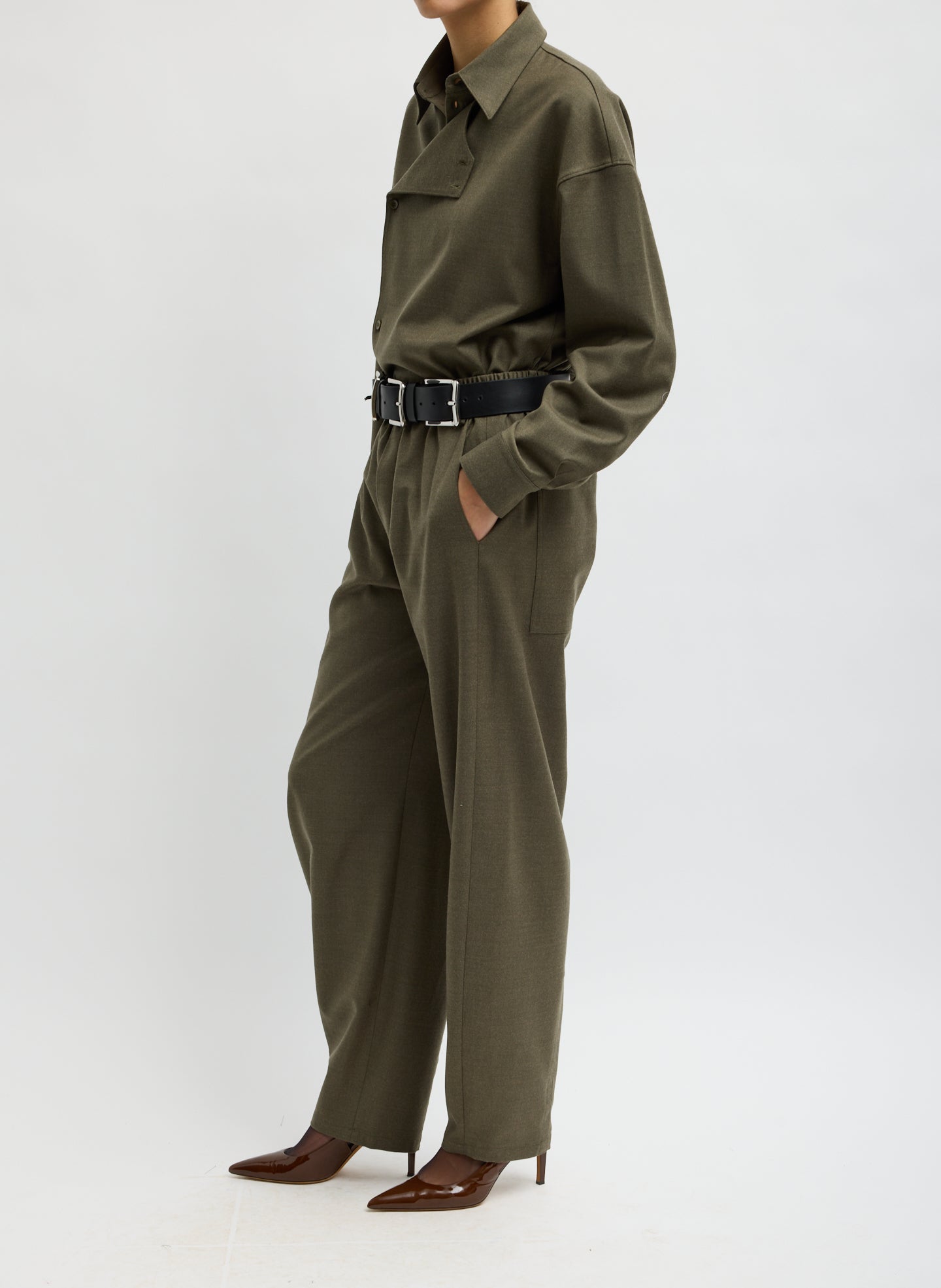 Army Green Cozy Flannel Side Drape Pant - side view on model