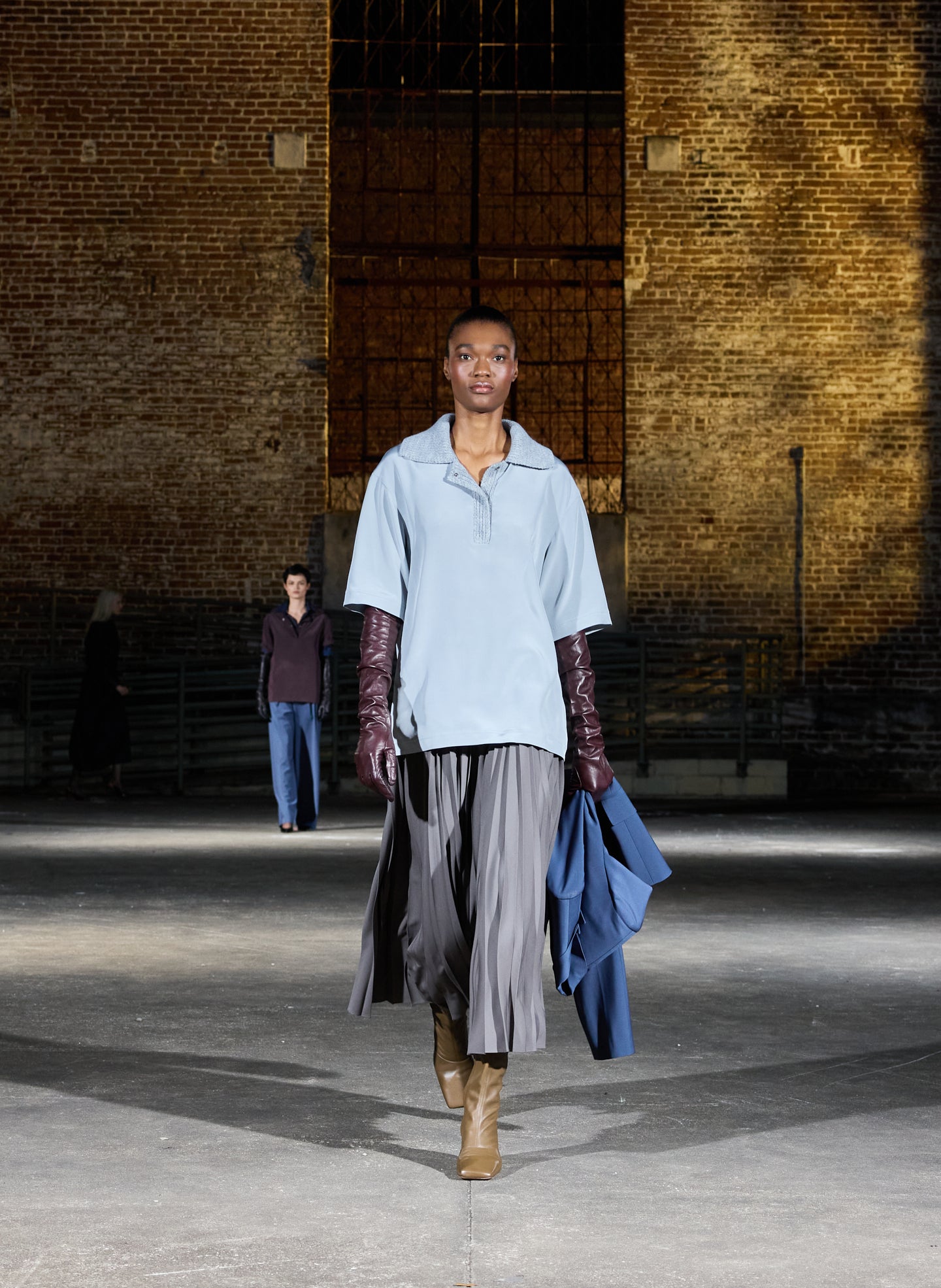 Light Grey Stretch Silk Nylon CDC Knit Collar Cocoon Top - short sleeve collared top, editorial image on model